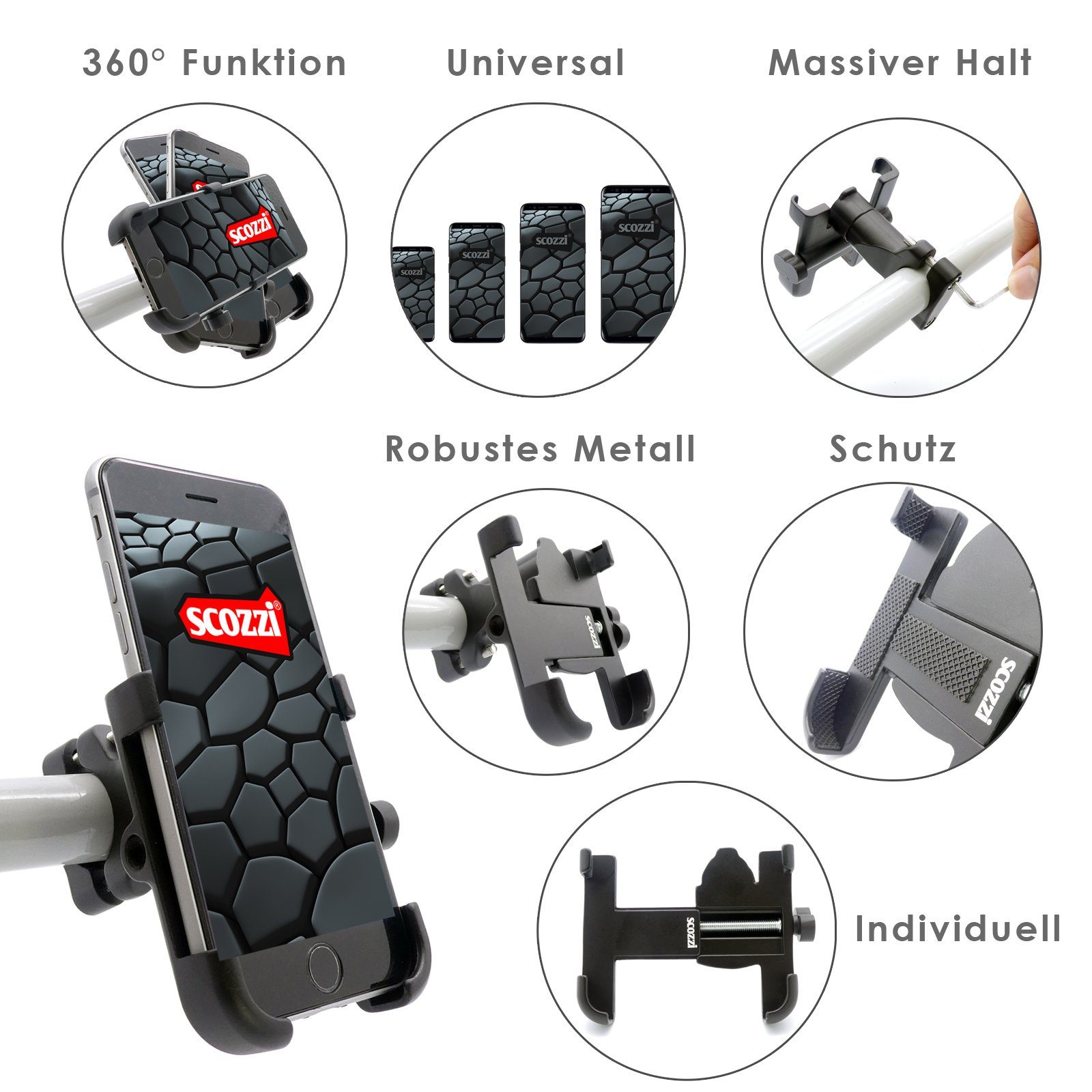 scozzi Handy-Halterung Handyhalterung Fahrrad Motorrad eScooter Handy Halterung Alu Aluminium