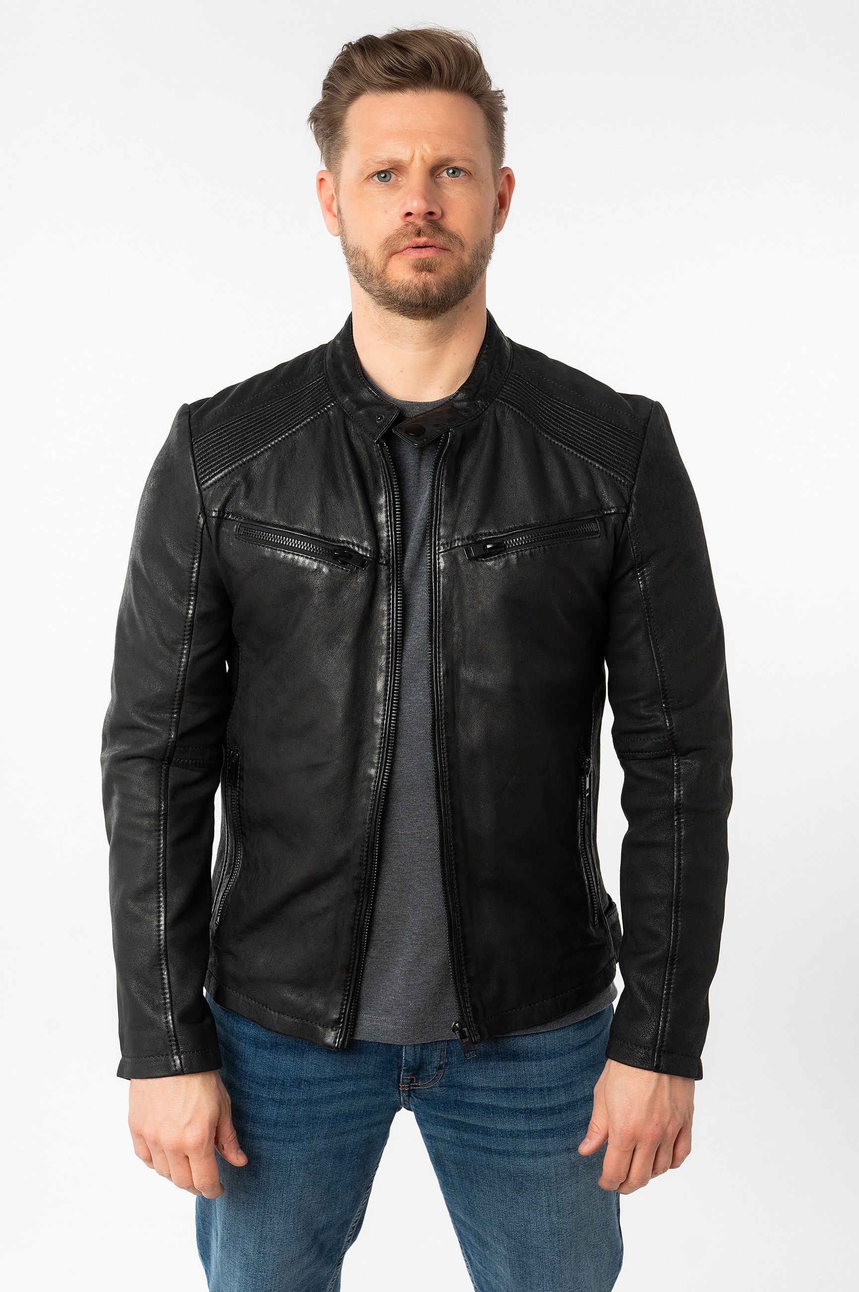 Mauritius Lederjacke MMTaibo SF mit Stehkragen und Drucker