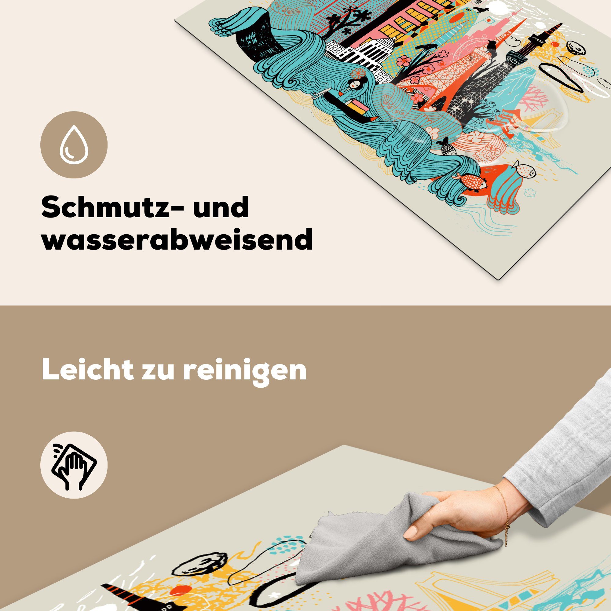 MuchoWow Herdblende-/Abdeckplatte Ceranfeldabdeckung, küche Illustration für (1 Arbeitsplatte von Tokio, Bunte Vinyl, cm, 83x51 tlg)