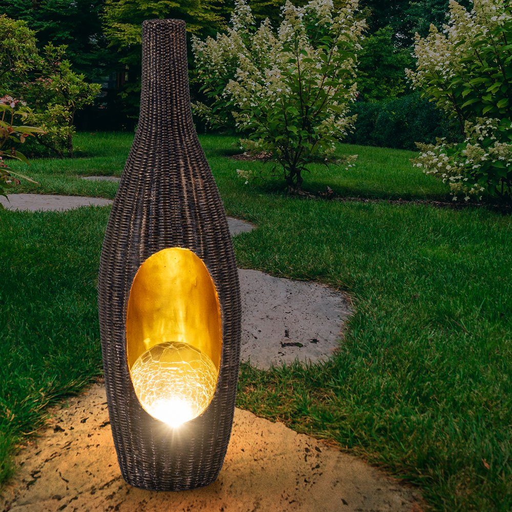 verbaut, Warmweiß, Rattan-Optik Glaskugel goldfarben mit Gartenleuchte, LED-Leuchtmittel Solarleuchte fest Globo