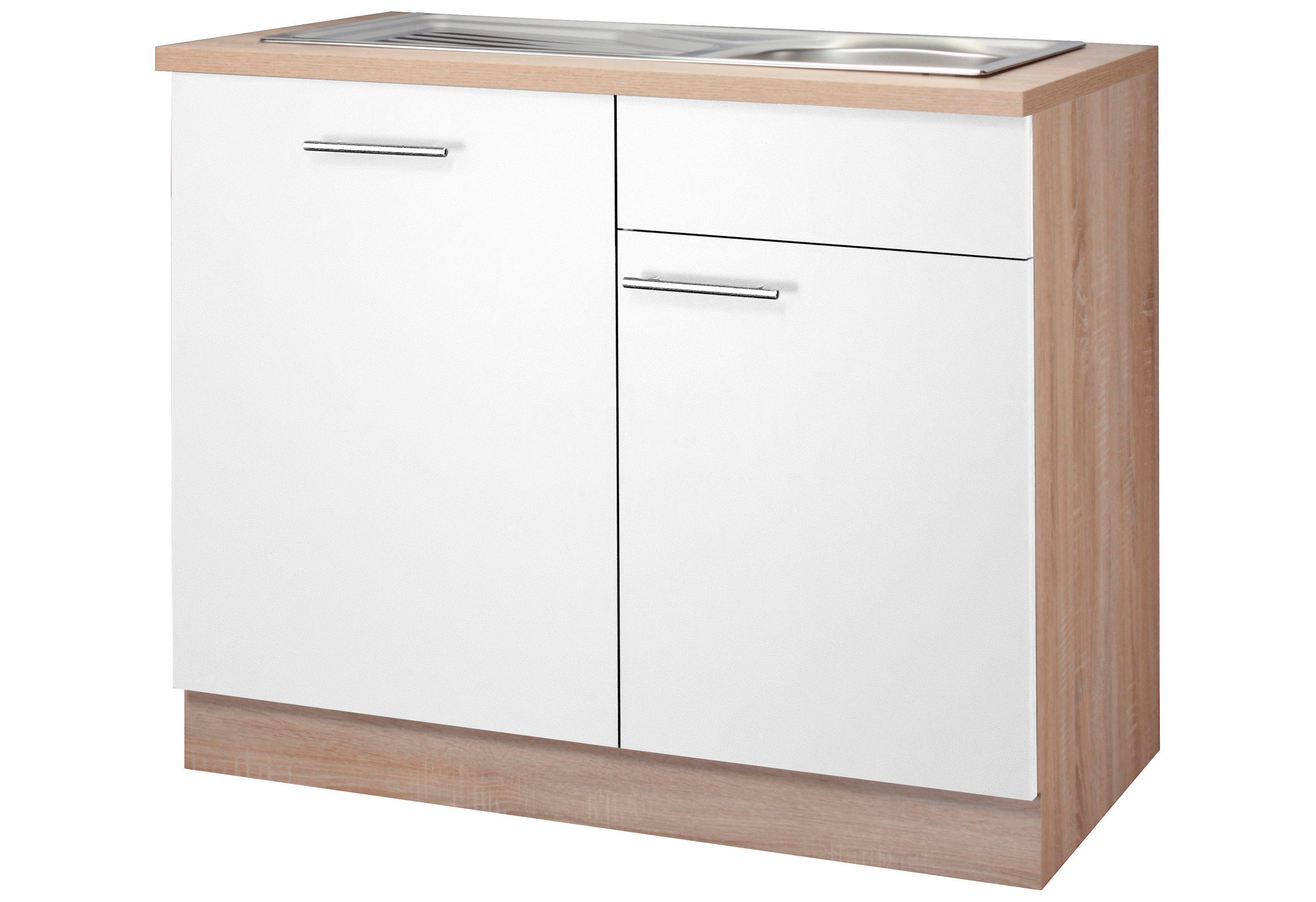 wiho Küchen Spülenschrank Montana 110 cm breit, inkl. Tür/Griff/Sockel für vollint. Geschirrspüler Weiß/Eichefarben | Spülenschränke