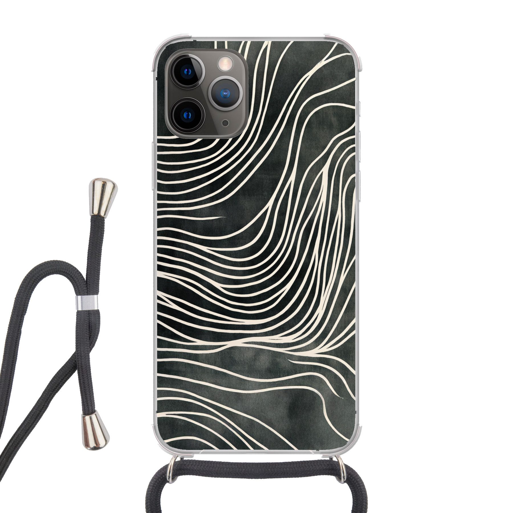 MuchoWow Handyhülle für Apple iPhone 11 Pro Linien - Muster - Abstrakt - Weiß, Tragbare Handyhüllen mit Kette zum umhängen, Handykette Handyband