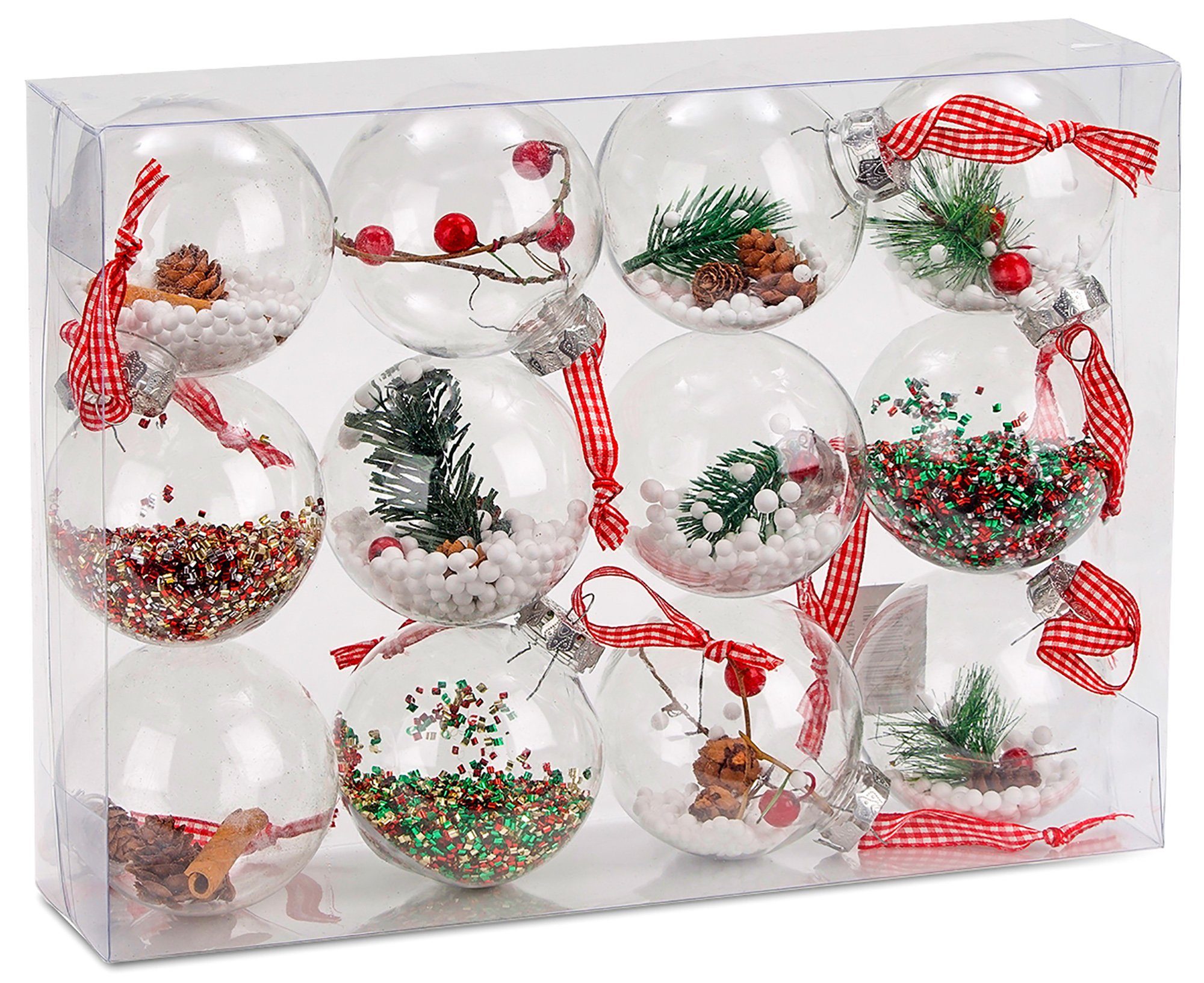 BRUBAKER Weihnachtsbaumkugel Christbaumkugel Set aus Acryl (12 St), Baumkugel Set mit Juteaufhängern, befüllte Weihnachtskugeln