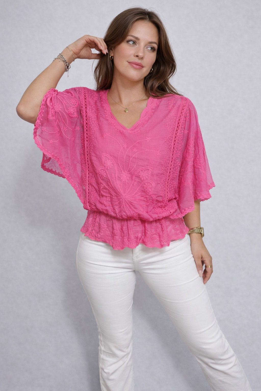 ITALY VIBES Spitzenbluse - Bluse - Häkelbluse mit Fledermausärmeln - Damenbluse ONE SIZE / passend für Größe XS - L