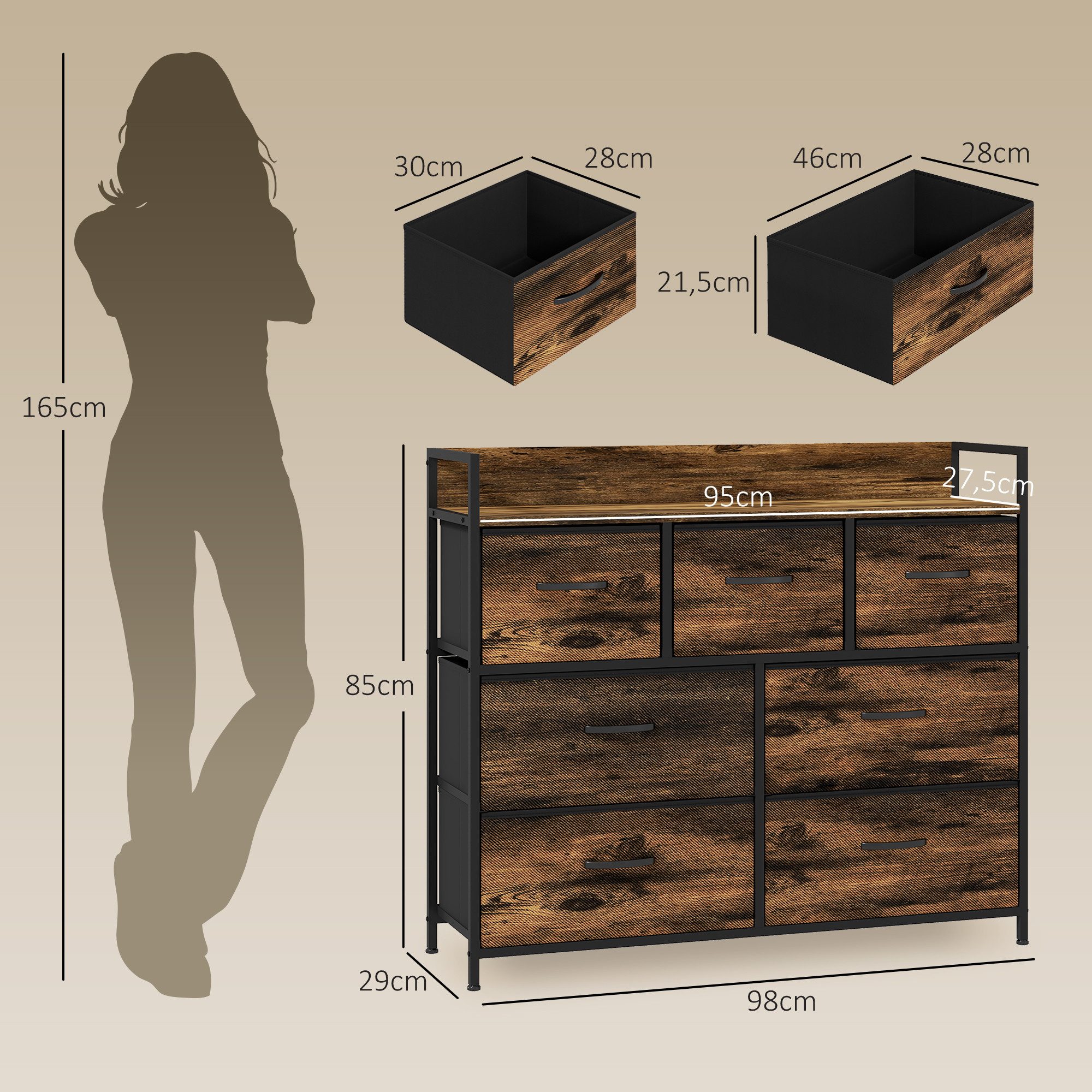 HOMCOM Kommode mit 7 Faltbaren Schubladen aus Stoff, Griff und Regal (Aufbewahrungsschrank, 1 St., Sideboard), für Schlafzimmer, Wohnzimmer, Rustikal-Braun