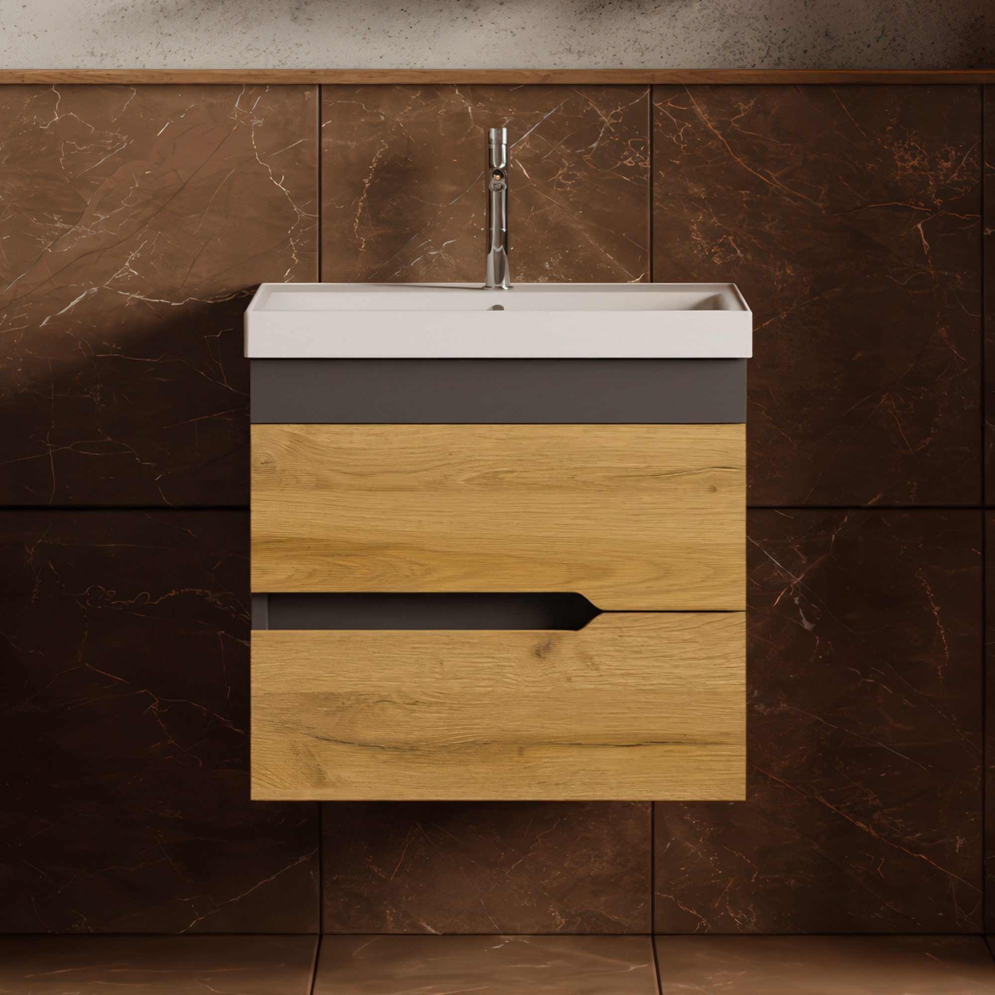 Karen Waschtisch-Set Waschtisch mit Unterschrank Marmara, (3-St., Unterschrank mit Schubladen, Keramikwaschbecken), Innovatives Design, MDF Lam, Softclose, Funktionalität