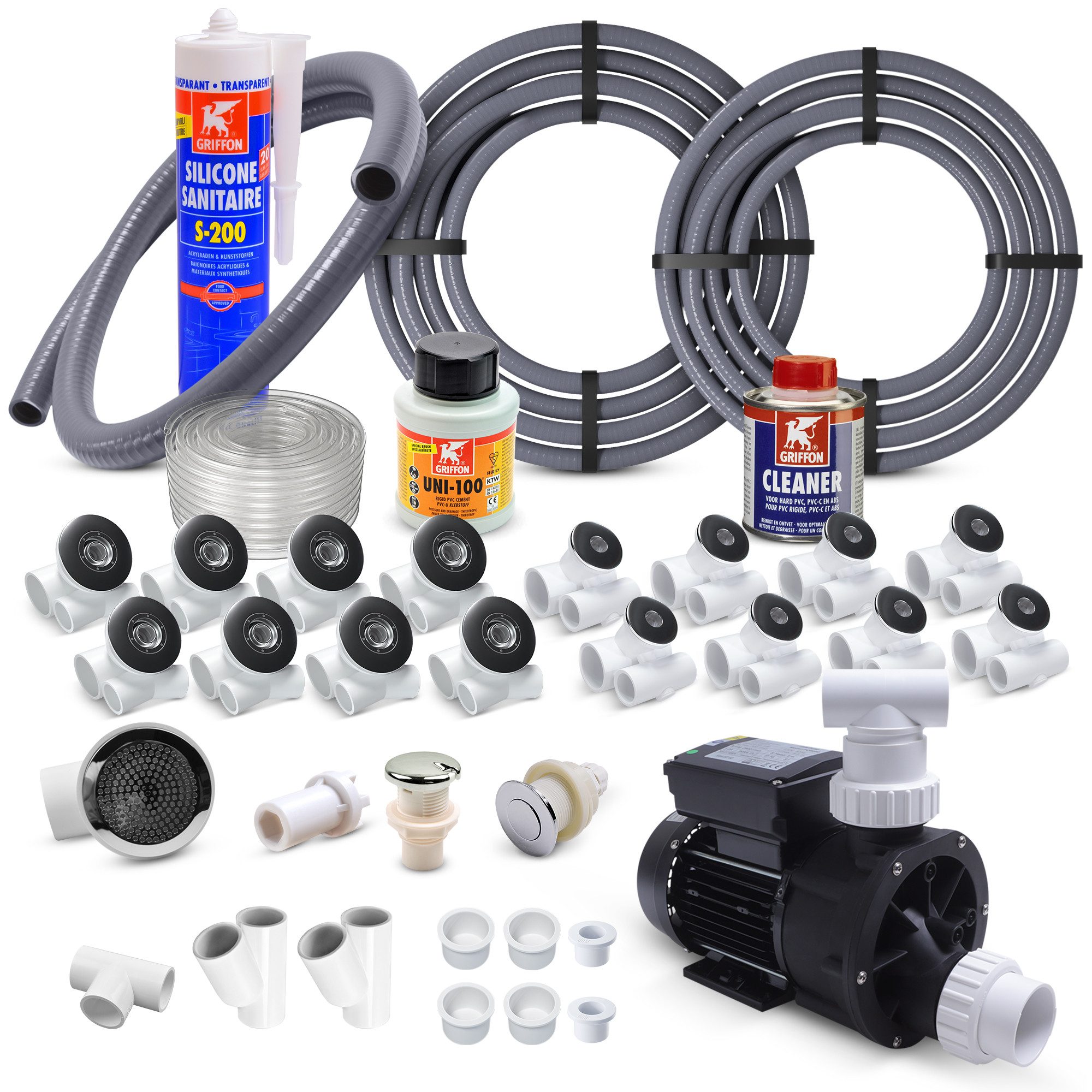 AQUADE Badewannenaufsatz Bausatz Set 8 Seiten- und Rückendüsen Pumpe Schlauch Luftregler, für Whirlpool