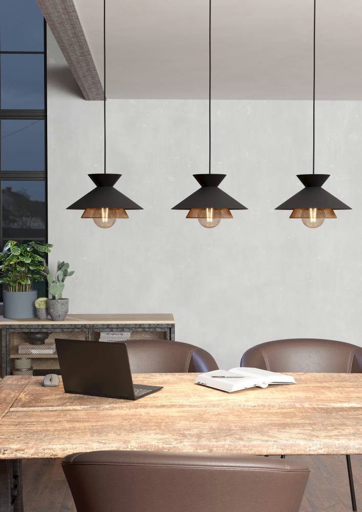 EGLO Hängeleuchte GRIZEDALE Pendellampe, Stahl, Retro, Esszimmerlampe, Hängelampe, Lampe, ohne Leuchtmittel, Hängeleuchte, L96 x B26 x H110 cm, schwarz, messing - 3X40W exkl.