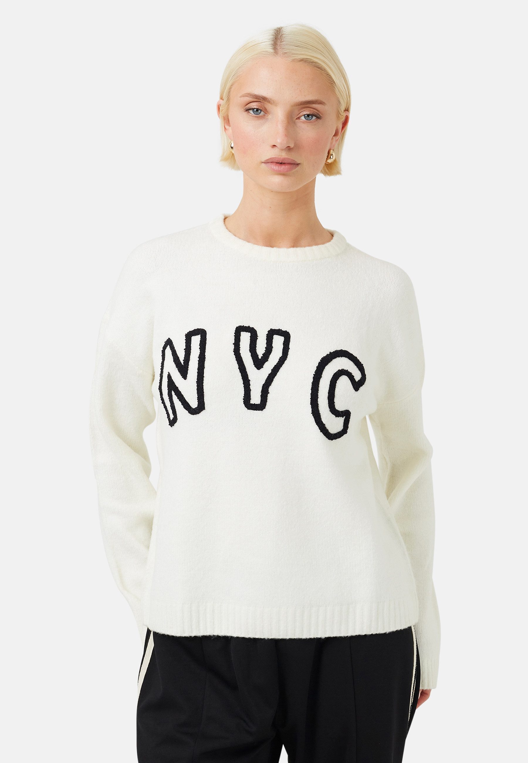 Brave Soul Strickpullover Damen-Pullover mit Rundhalsausschnitt und NYC-Motiv