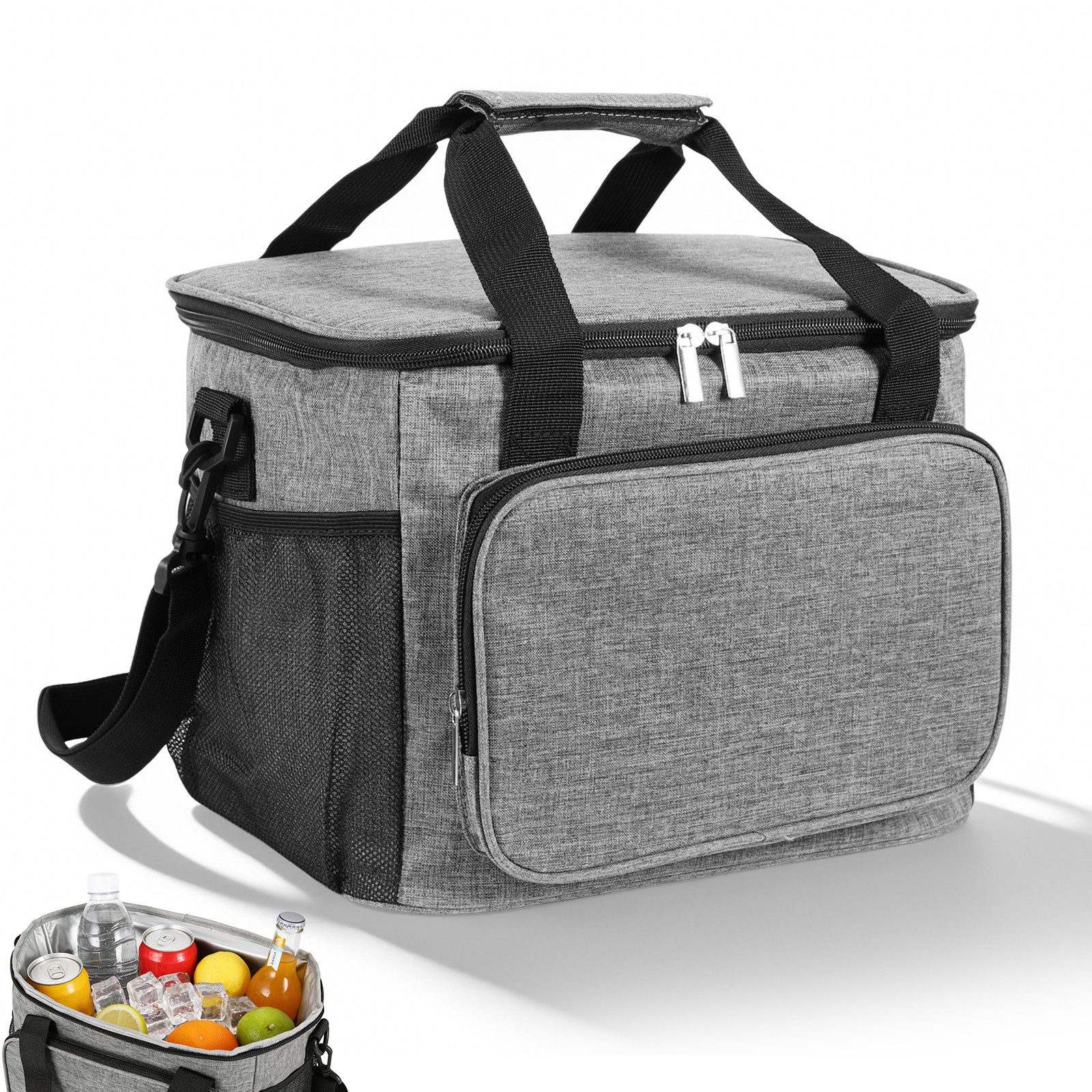 BlingBin Thermobehälter 15L/24L Kühltasche, Faltbar Isoliertasche Thermotasche für Essen, Oxford-Gewebe, (1er Set, 1-tlg., Fassungsvermögen: 15L, 31x20x23 cm), Wasserdicht Picknicktasche für Unterwegs Camping Auto Büro, Grau