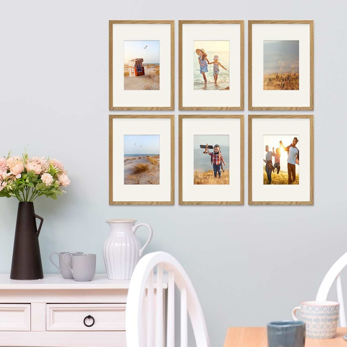 PHOTOLINI Bilderrahmen Echtholz 6er Set 21x30 cm / A4 mit Passepartout, mit Acrylglas