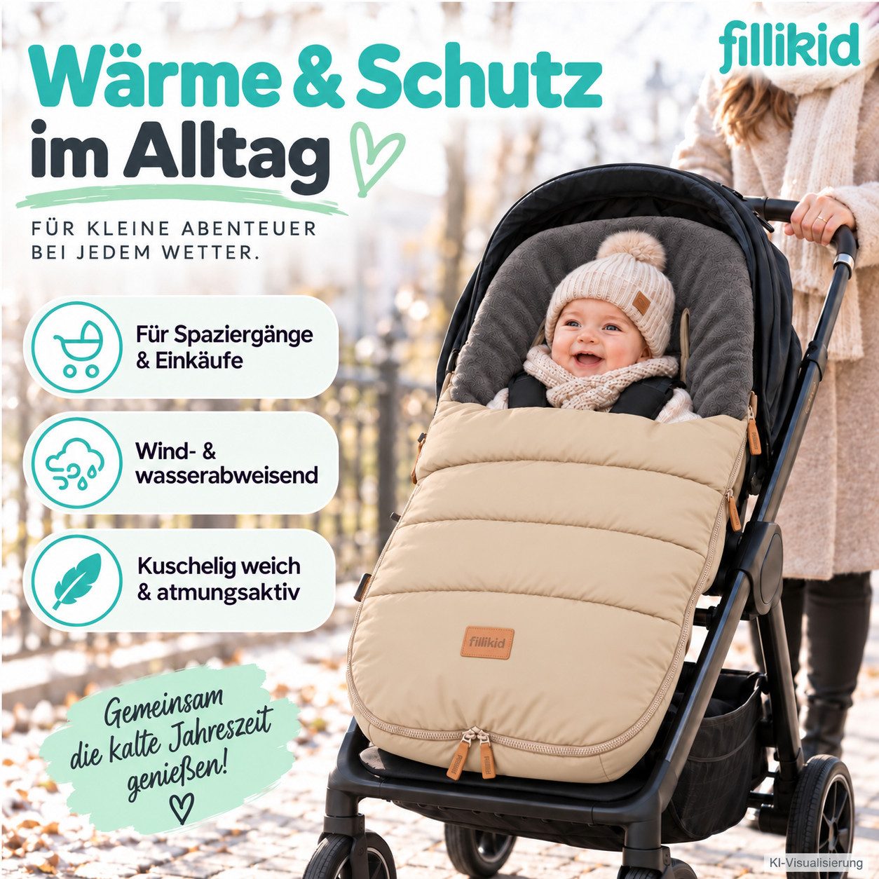 Fillikid Fußsack Winterfußsack Kinley Exklusiv, warmer Winterfußsack waschbar mit Rundum Reißverschluss und – Bild 2 von 5