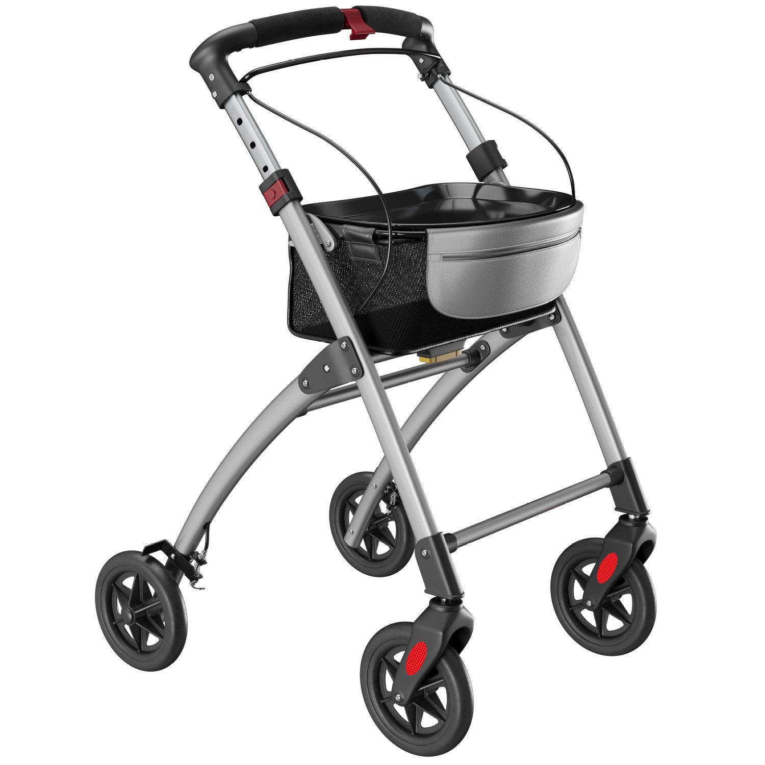ELONEO Indoor-Rollator Wohnungsrollator inkl. Tablett & Korb für Zuhause, klappbare Gehhilfe, Einhand-Falt-mechanismus, geringes Faltmaß, maximale Sichtbarkeit