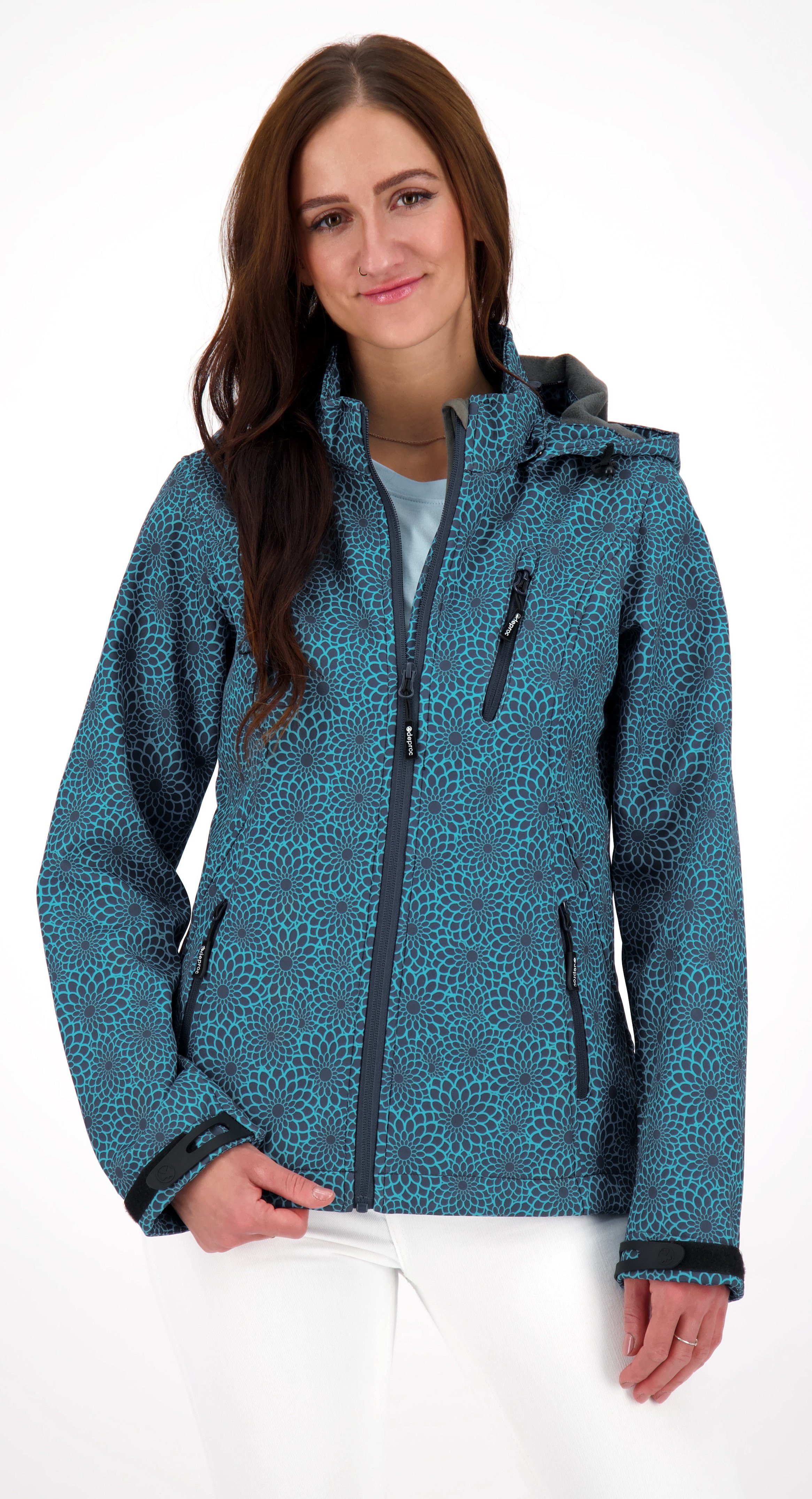 DEPROC Active Softshelljacke SHELBY PEAK DC leichte Softshelljacke mit All-Over-Print und abnehmbarer Kapuze