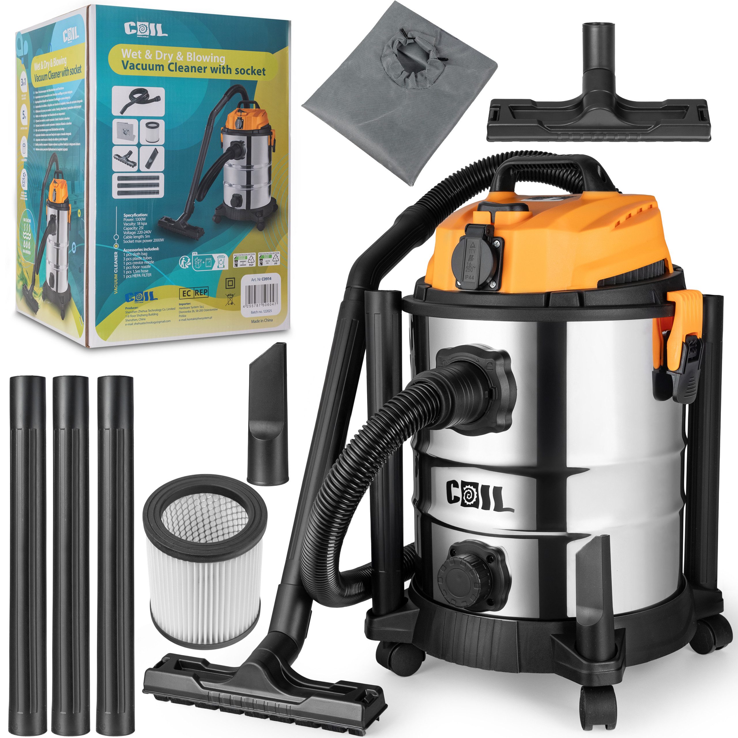 COIL Industriesauger Profi Nass- & Trockensauger, mit Steckdose & Blasfunktion, 1300 W, beutellos, 25-Liter-Edelstahlbehälter, 220-240 V, 18 kPa, HEPA-Filter