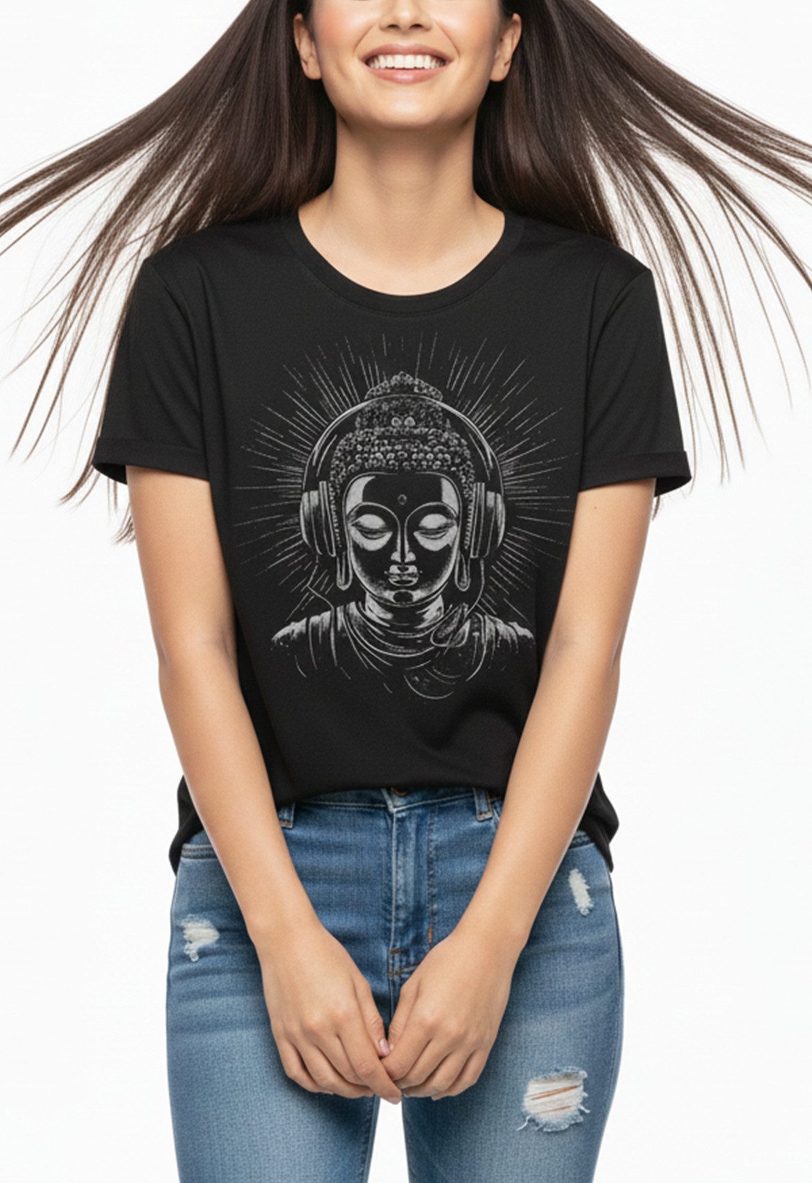 MAKAYA Yogashirt Buddha Kopfhörer Motiv Kurzarm Shirt Schwarz Baumwolle Frauen Top (Druck, Modisch, Lässig, Elegant, Vintage) Print