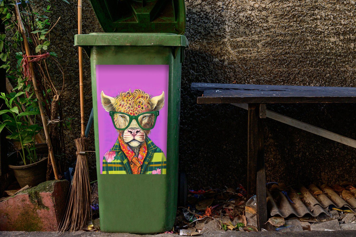 MuchoWow Wandsticker Brille - - Hippie St), Blumen Sticker, - - Mülleimer-aufkleber, (1 Schottischer Highlander Abfalbehälter Mülltonne, Container, Tier