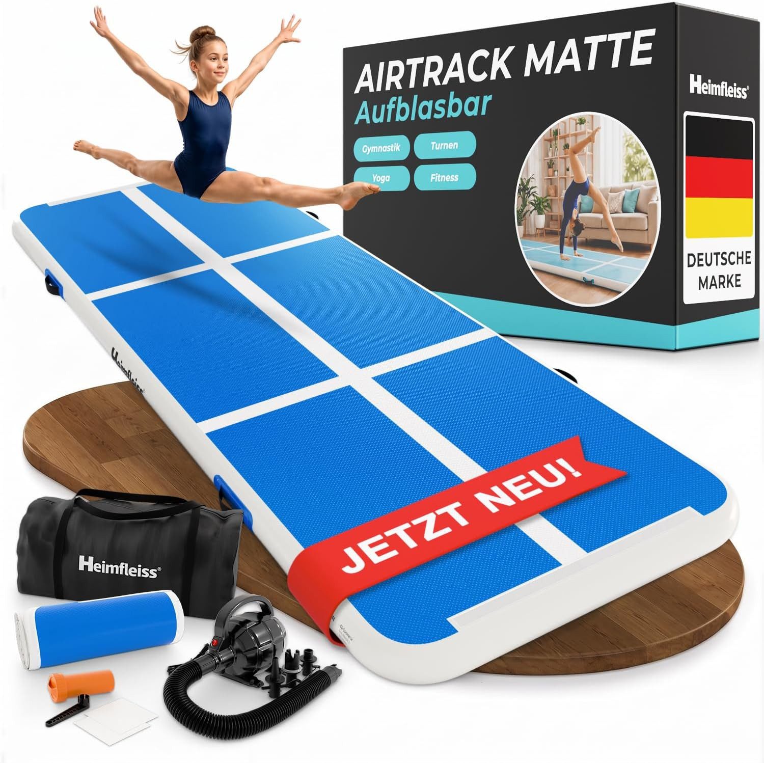 Heimfleiss® Turnmatte Airtrack aufblasbar 300x100x10 cm (Air Track Matte mit Elektropumpe, inkl. Tragetasche und Reparaturset), bis 150 kg belastbar