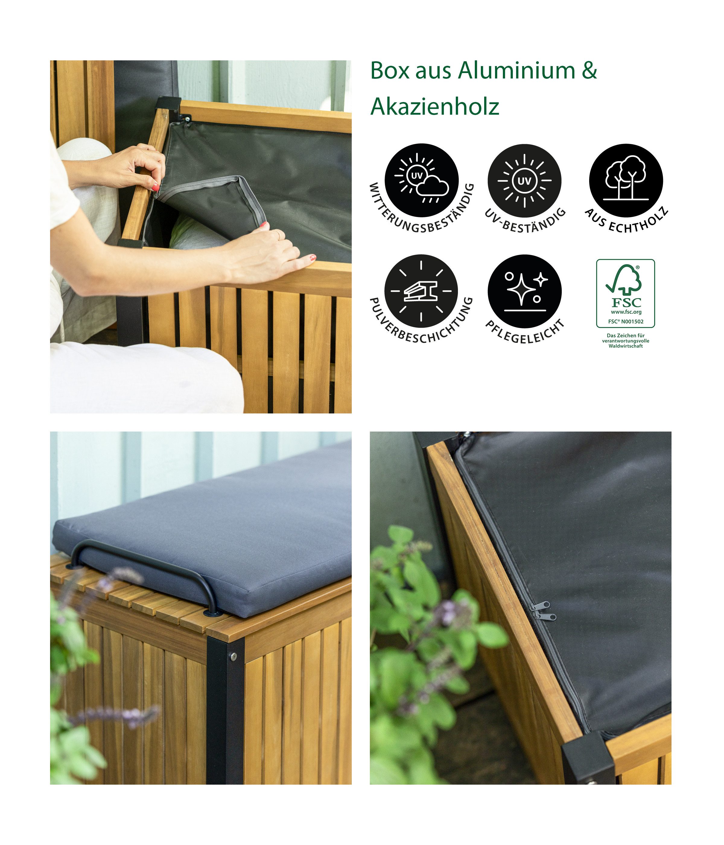 Dehner Balkonset Kissenbox Liverpool, versch. Größen, Akazienholz, Auflagenbox mit bequemem Sitzpolstern