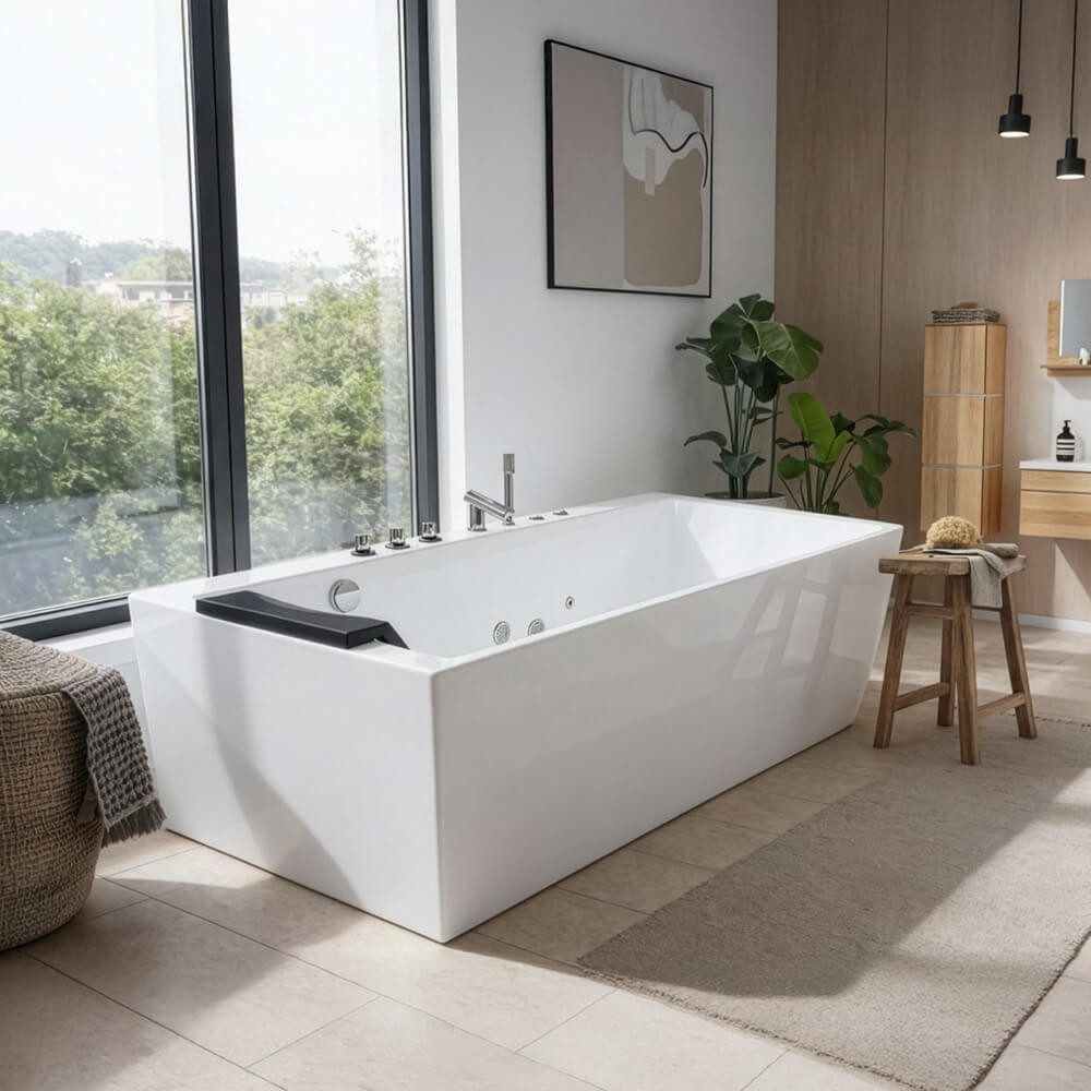 HOME DELUXE Whirlpool Badewanne mit ergonomischer Form BAKAL - 180 x 80 x 60 cm, 9 Whirlpooldüsen, inkl. Armaturen und Zubehör
