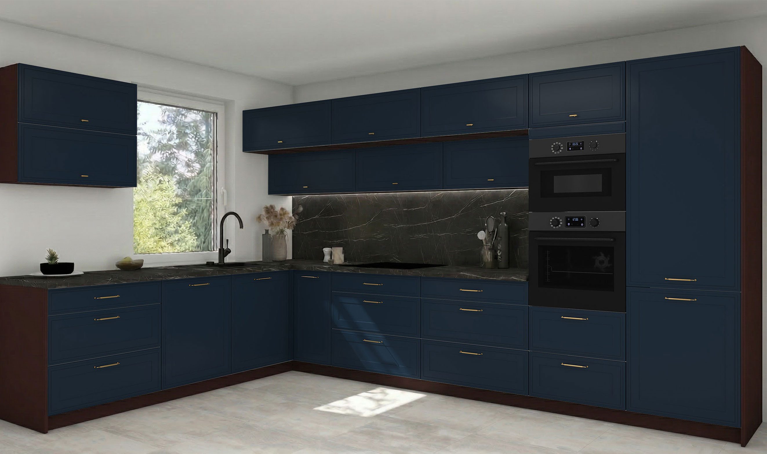 Feldmann-Wohnen Winkelküche Salo, (Blum Teilauszug, Gasdruckdämpfer, 18-teilig), 387x267cm Lava / Indigo Matt Blum Teilauszug