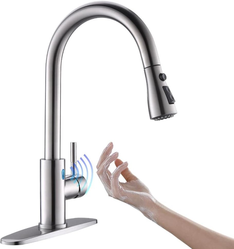 Topcony Küchenarmatur Wasserhahn Küche Hochdruck Küchenarmatur mit Herausziehbarer (Infrarot Sensor Wasserhahn Küche Ausziehbare Brause, 360° Schwenkbar Mischbatterien für Küche Einhandmischer) für Küchen Spiralfederarmatur Spültischarmatur