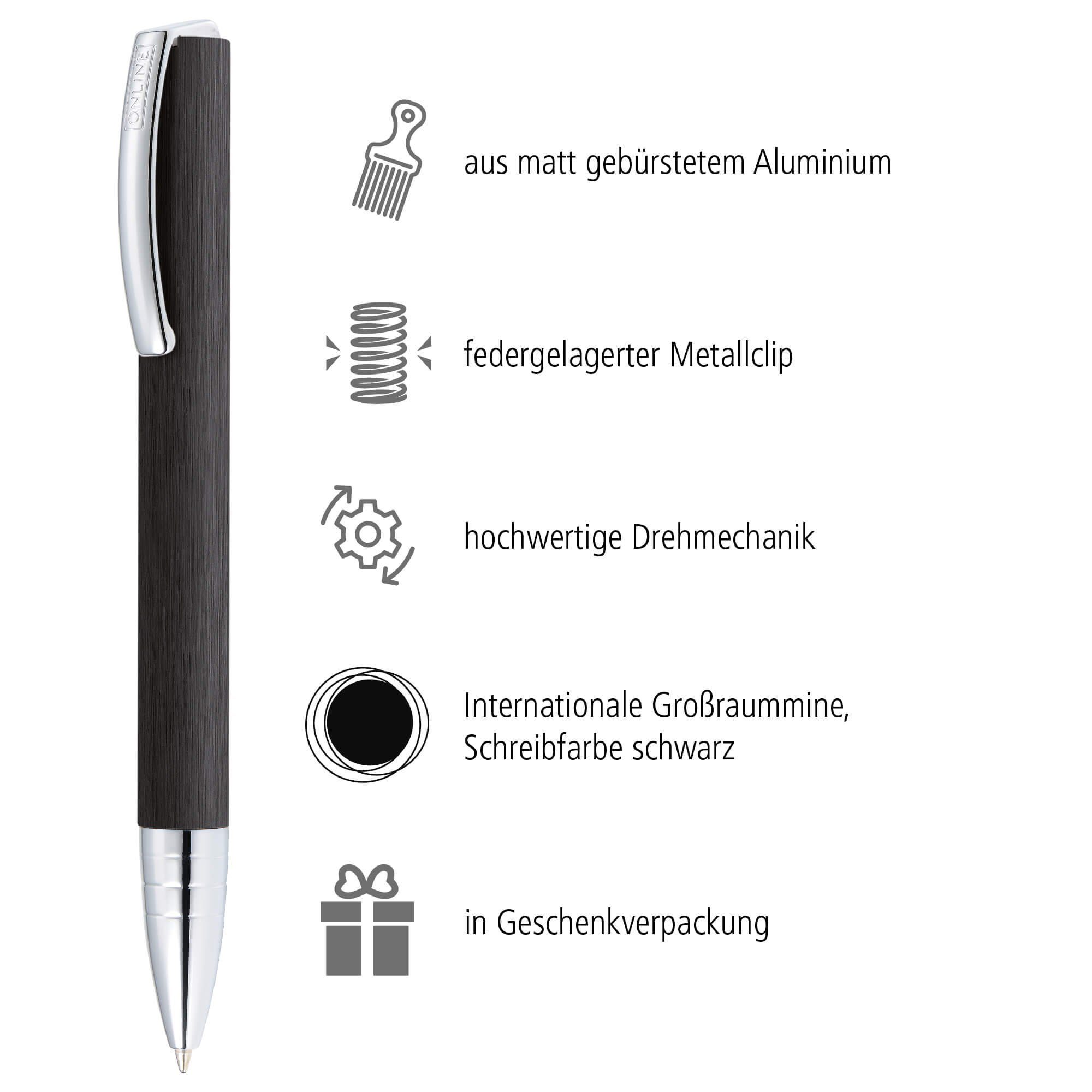 Online Pen Kugelschreiber Vision Drehkugelschreiber, (aus gebürstetem Aluminium, hochwertiger Kugelschreiber mit Drehmechanik), in Geschenkbox