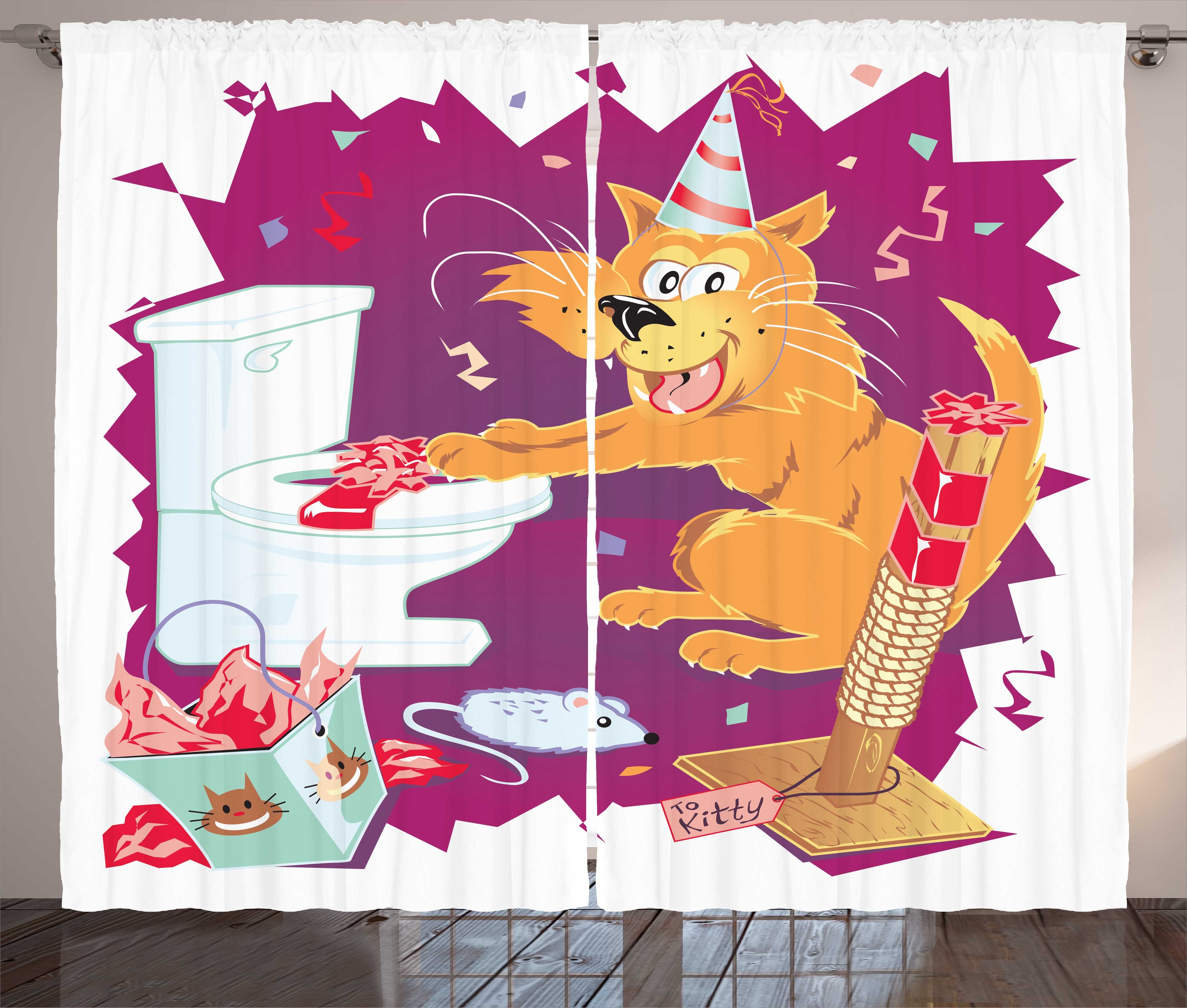 Gardine Schlafzimmer Kräuselband Vorhang mit Schlaufen und Haken, Abakuhaus, Katz 'und Maus Cartoon-Party-Szene