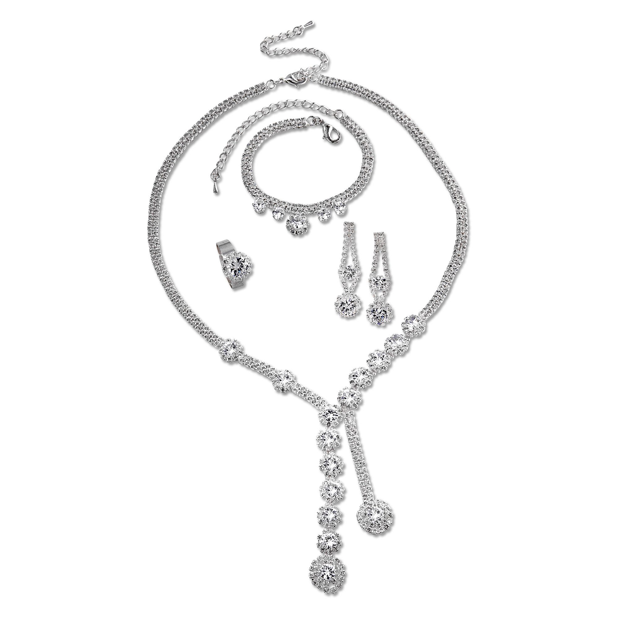 Steuer Collierkettchen Kette Ohrringe Armband Ring Metall glanz Strass weiß günstig online kaufen