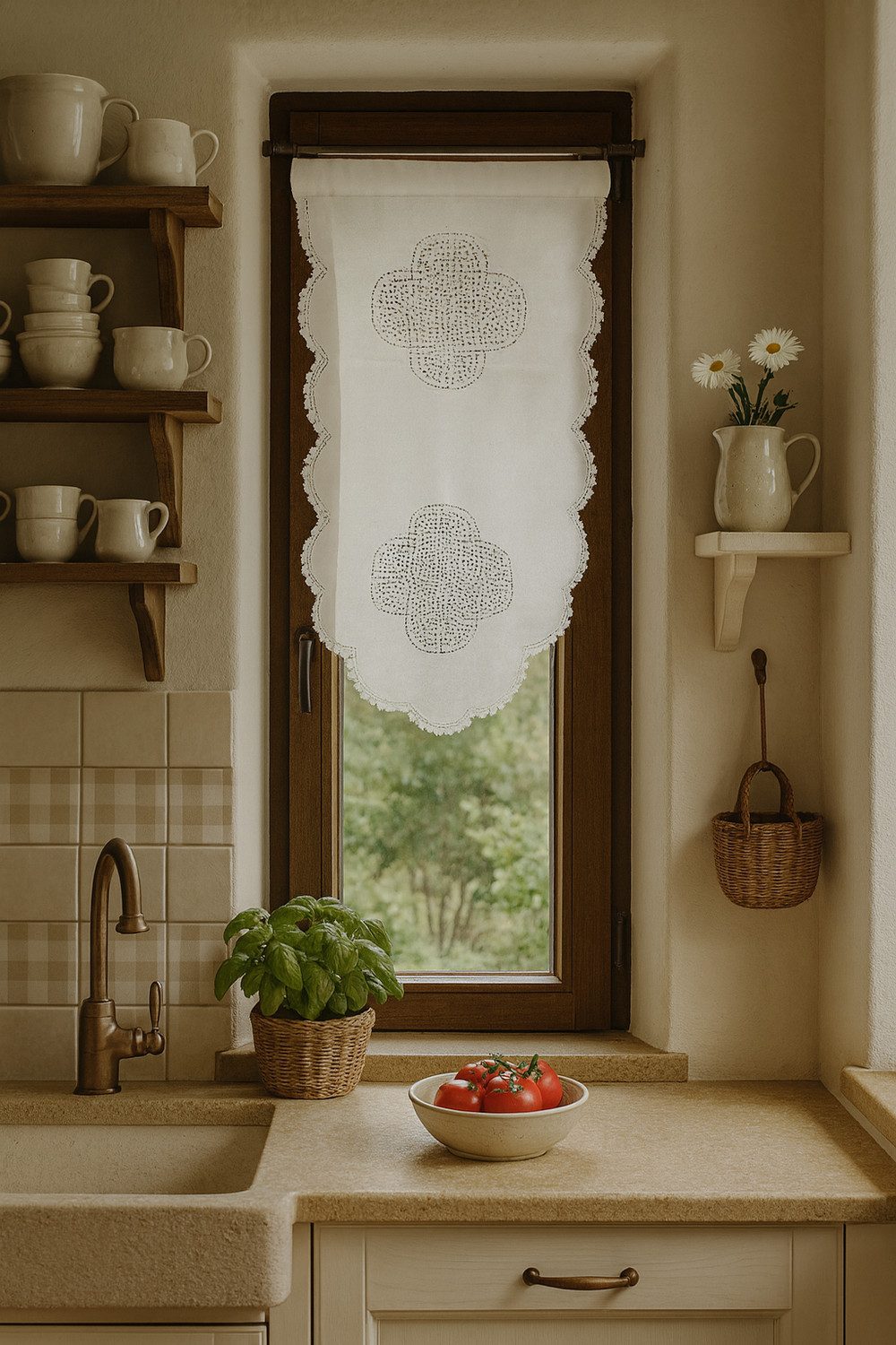 HOSSNER - ART OF HOME DECO Scheibengardine 45x75 cm (1 St), blickdicht, Baumwolle, Vintage, Romantische Stickerei