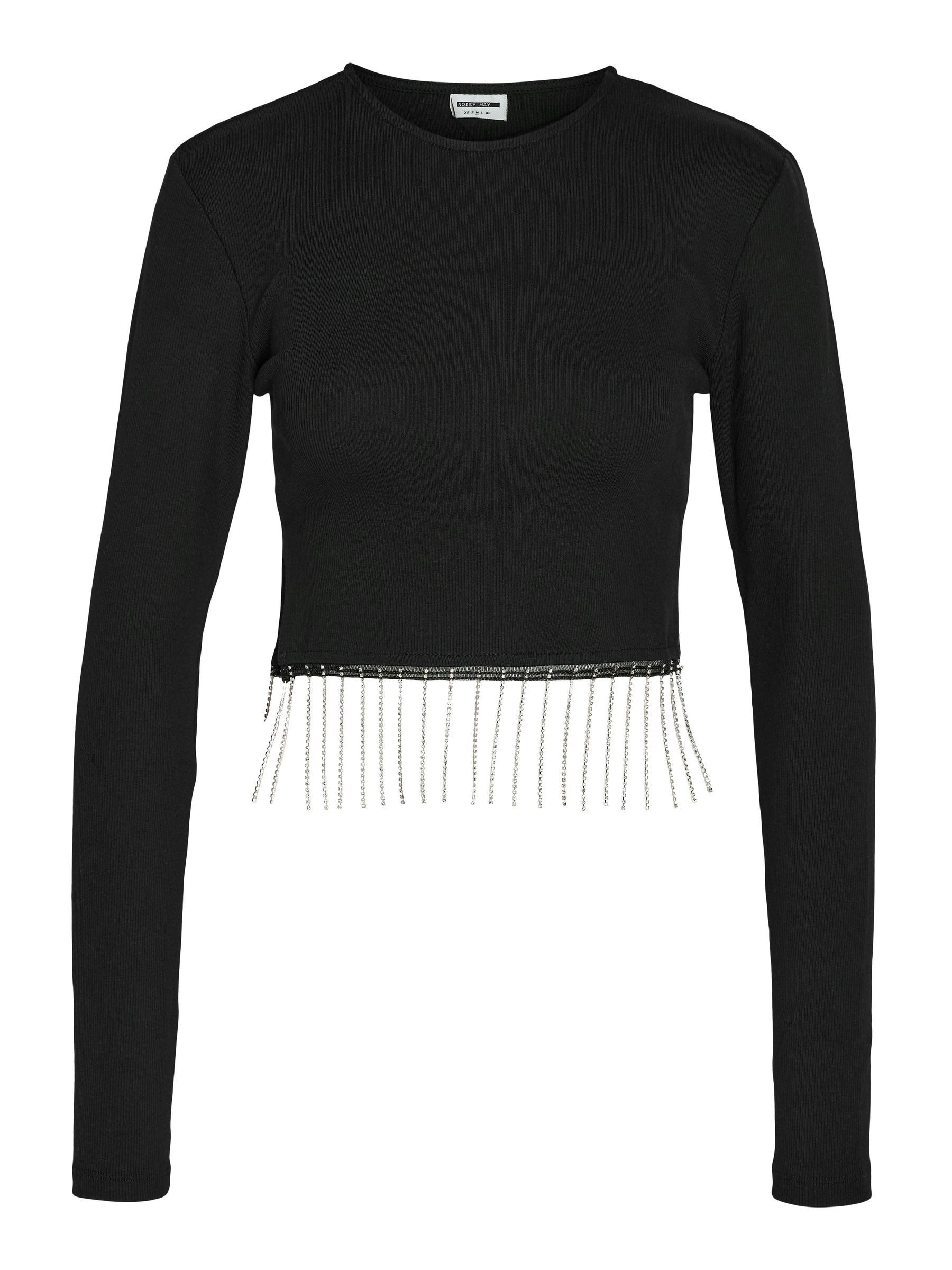 Noisy may Shirttop verkürzt Rundhals langarm Detailmuster NMMAYA L/S SIMILI FRINGE TOP JRS