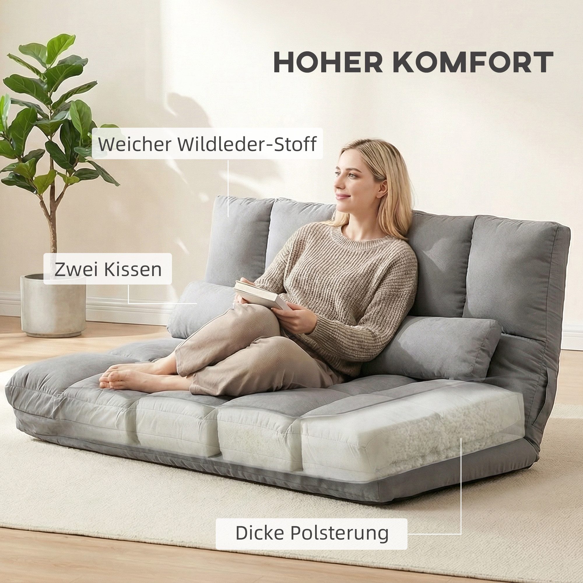 HOMCOM Bodenkissen mit Bettfunktion, für Wohnzimmer, Schlafzimmer, Hellgrau