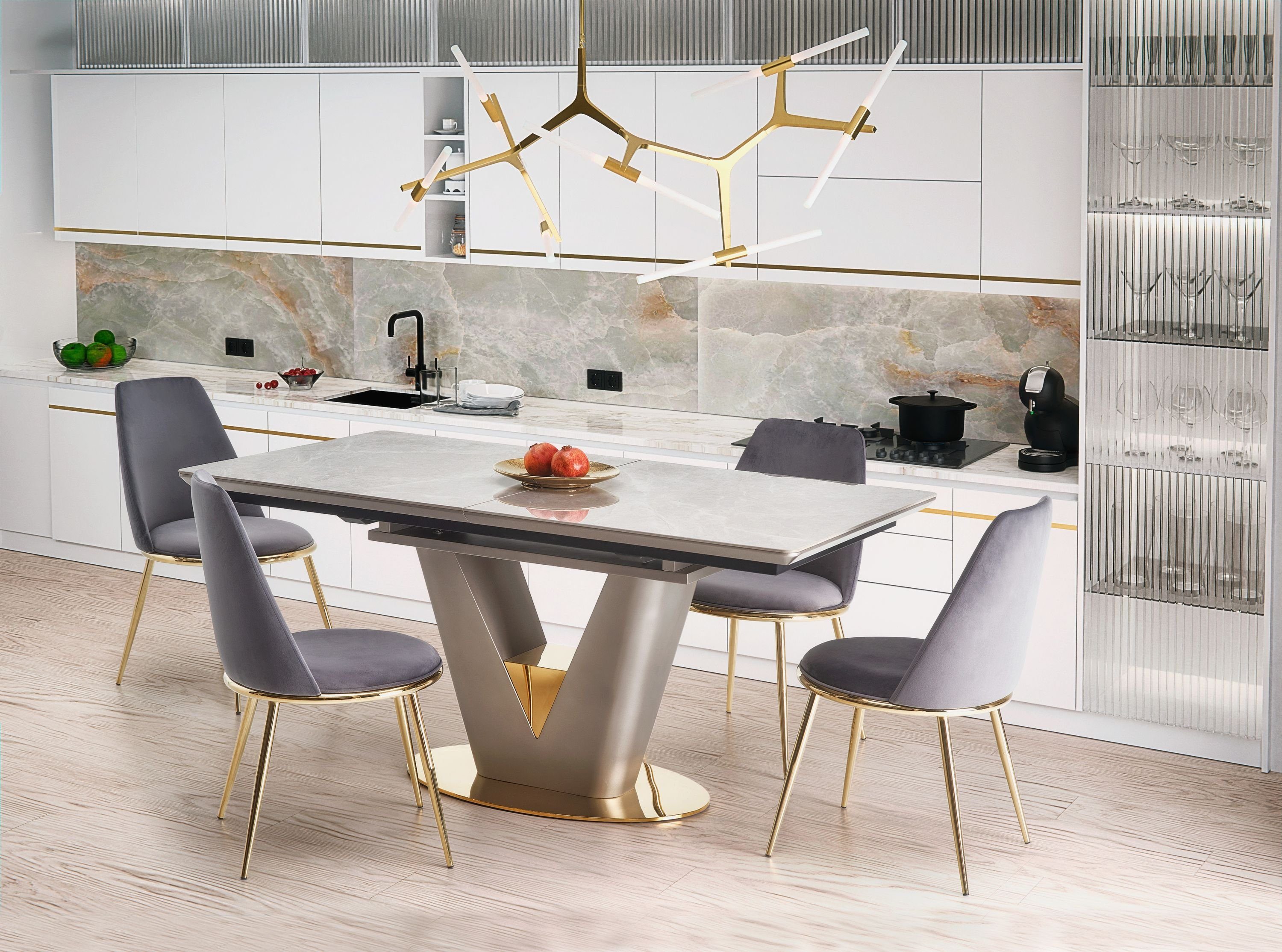 designimpex Esstisch Design HA-777 Tisch Grau Marmoroptik - Gold ausziehbar 160 bis 220 cm