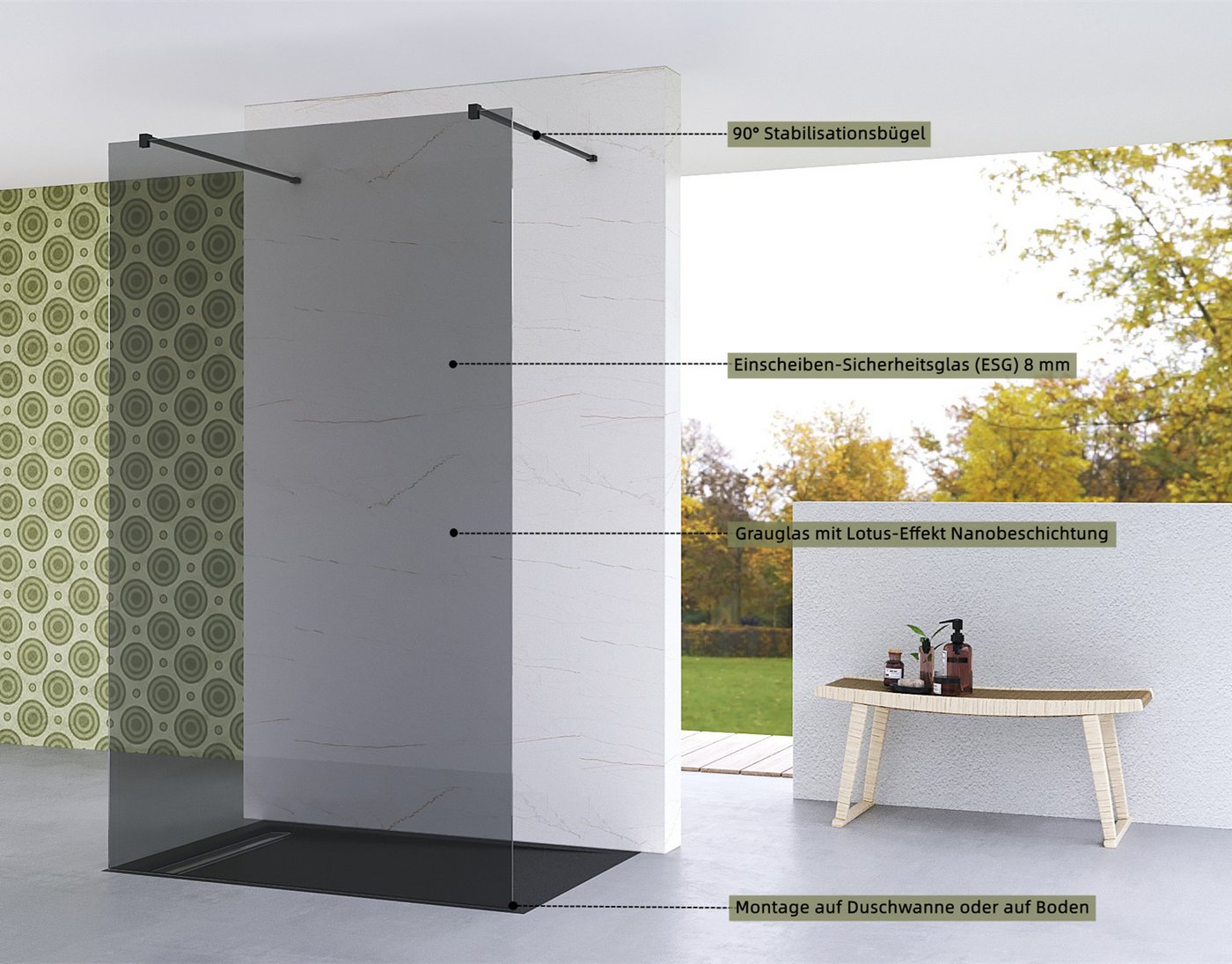 Thumbnail - AQUALAVOS Duschwand Freistehend Dusche Duschabtrennung Walk in Nano Rauchglas Duschwand, 8mm ESG Sicherheitsglas, 97,4 x...