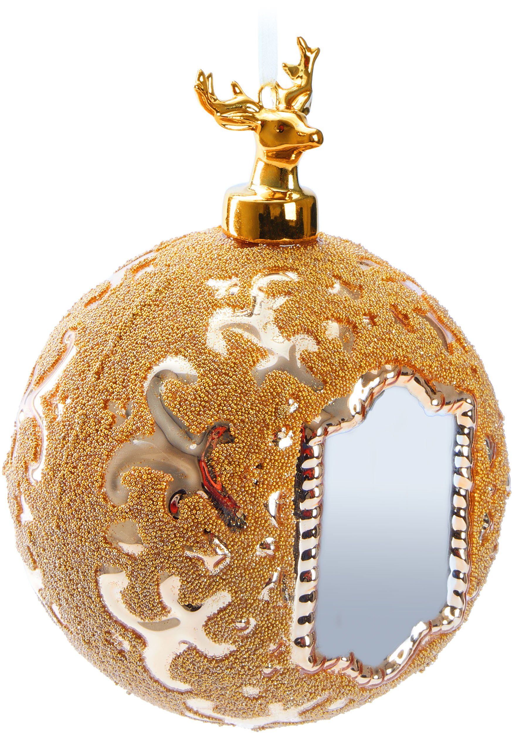 BRUBAKER Weihnachtsbaumkugel Premium Weihnachtskugel - Royal Deer - 10 cm Baumkugel mit Spiegel (1 St), Glas Christbaumkugel mit Gold Muster und Hirsch Figur - Handarbeit