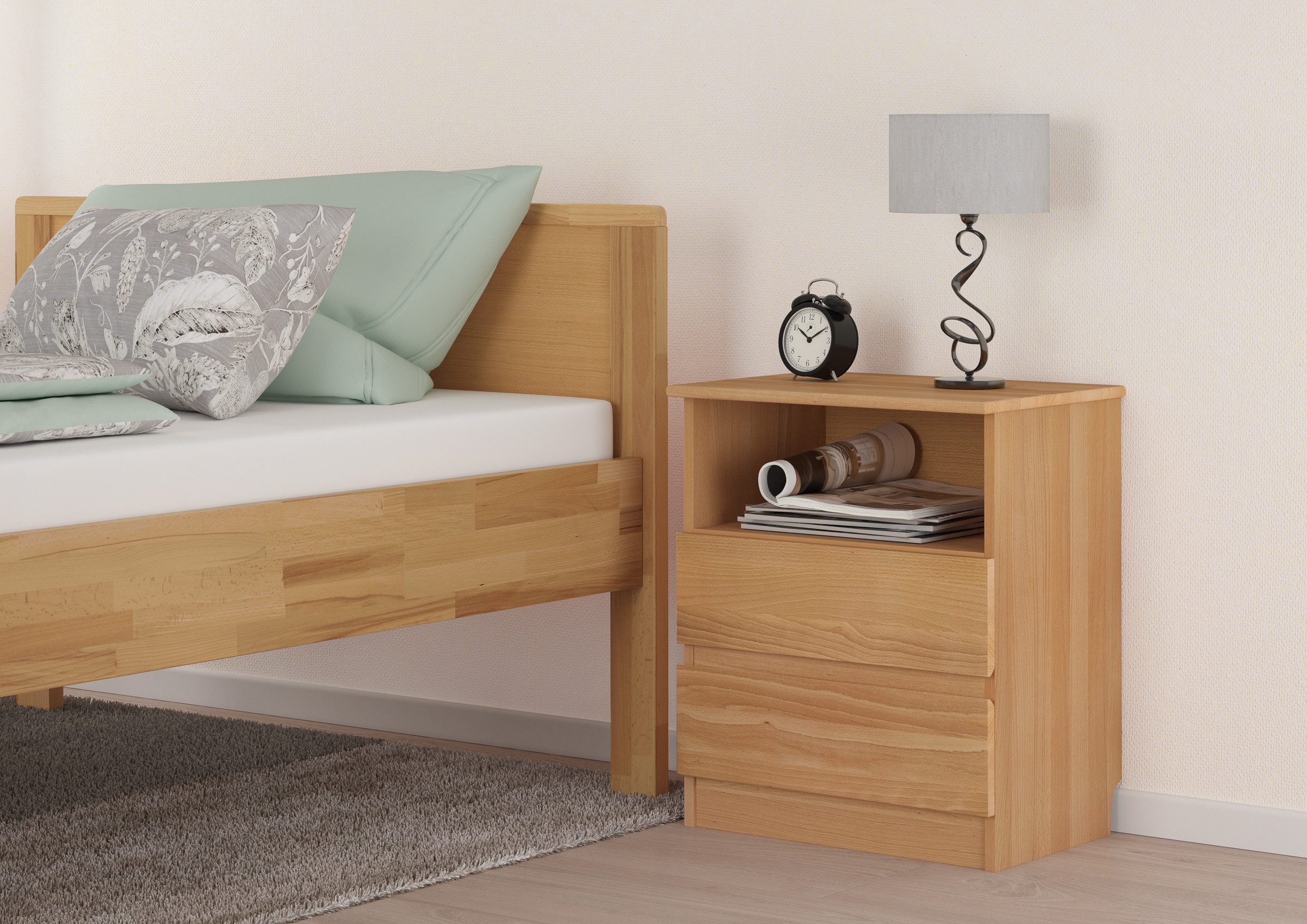 ERST-HOLZ Nachtkommode Nachttisch Schubladenkommode mit Zwei Auszügen Buche, 90.20-K45 - Nachttisch Buche