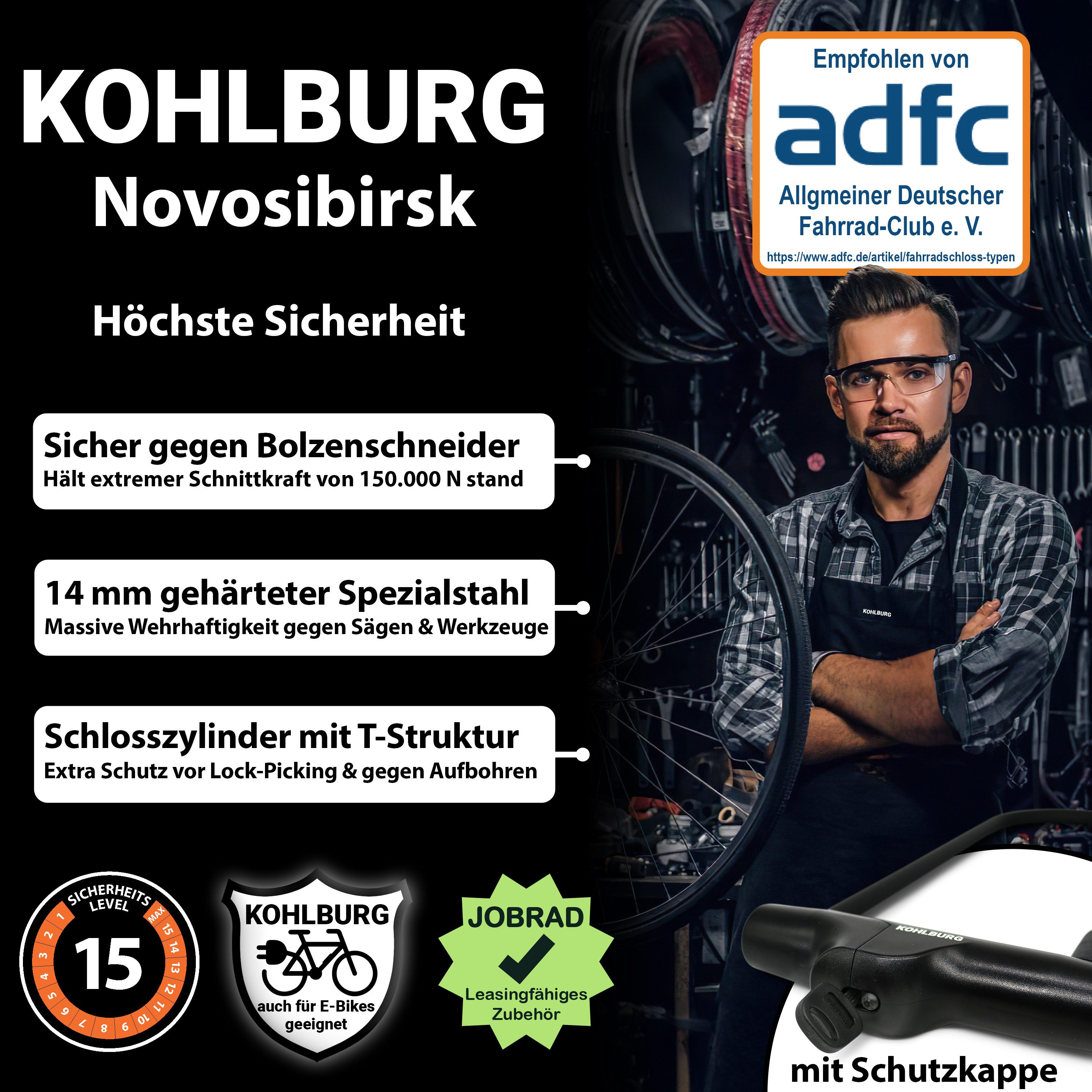 KOHLBURG Bügelschloss [höchste Sicherheitsstufe 15/15] mit extra 170 cm Kabel & Halterung, Großes Bügel Fahrradschloss mit Halterung für E-Bike & Fahrrad