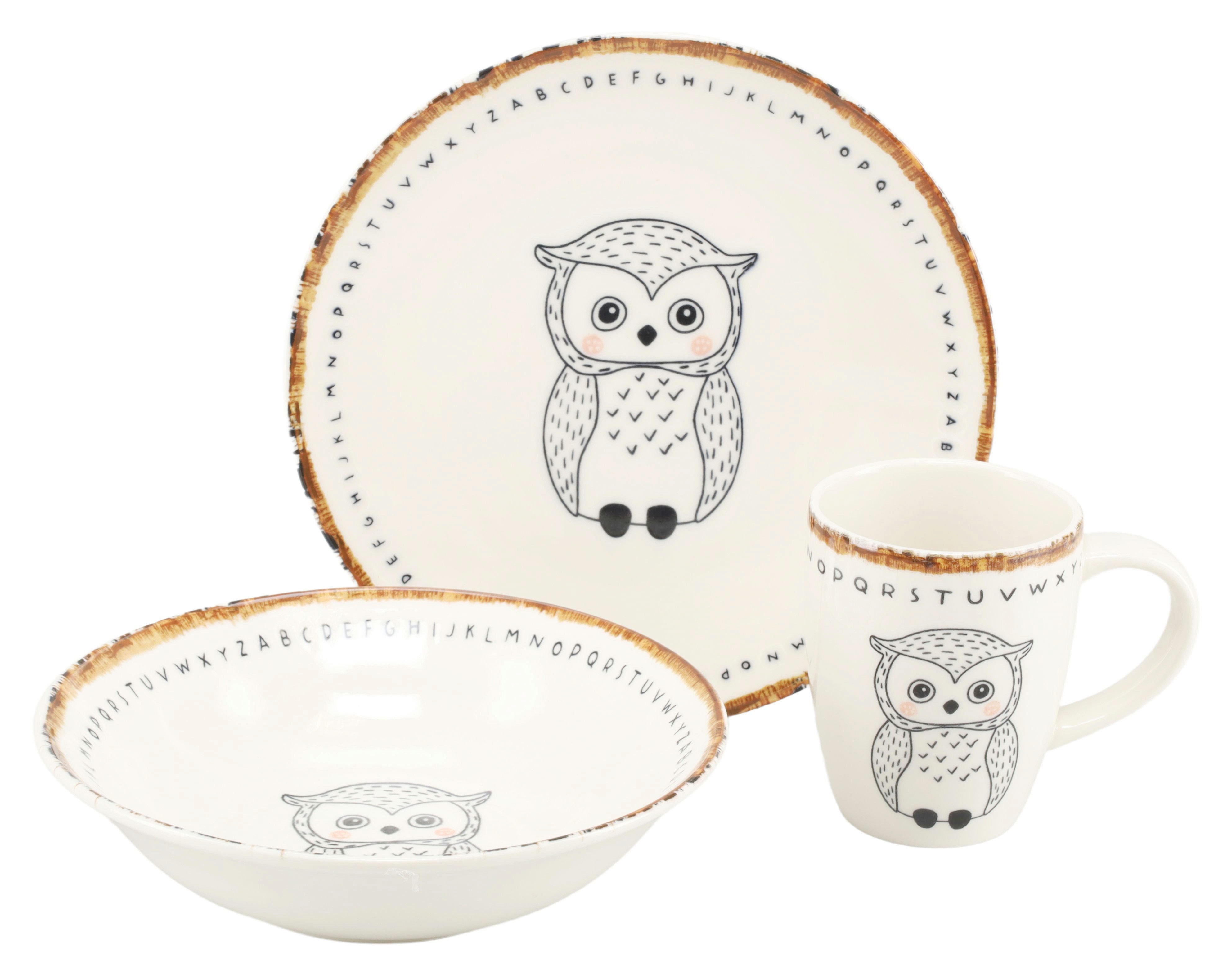 CreaTable Kindergeschirr-Set Freunde des Waldes Eule, Kinder Set 3-tlg. (3-tlg), 1 Personen, Steinzeug, Tiermotive, skandinavischer Stil, unregelmäßiger brauner Rand