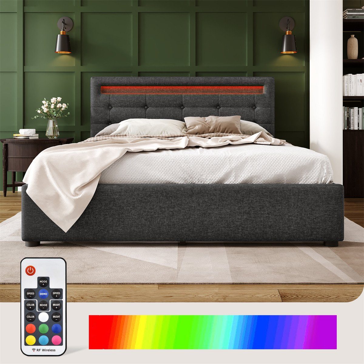 autolock Polsterbett Bettgestell,Doppelbett Polsterbett mit LED Beleuchtung, 4 Schubladen,Höhenverstellbarem Kopfteil,Stauraumbett