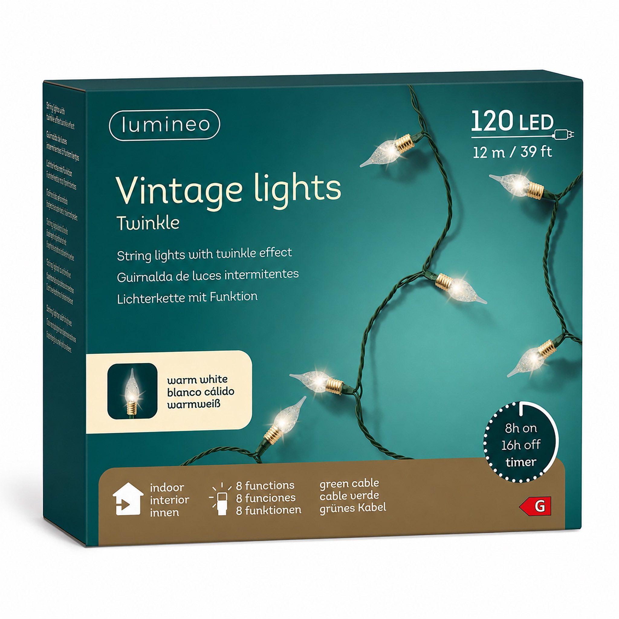 Lumineo LED-Lichterkette, LED Lichterkette 12m Kerzenlampen mit Trafo 120 LEDs Warmweiß / Grün