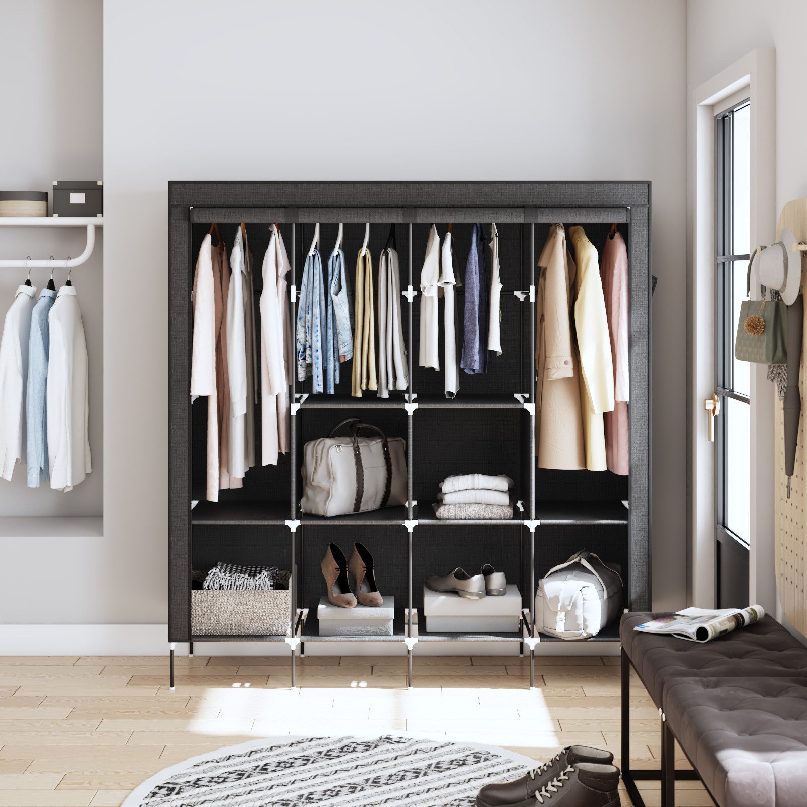 Mondeer Stoffschrank Kleiderschrank mit 4 Kleiderstangen und 2 Taschen, 180 günstig online kaufen