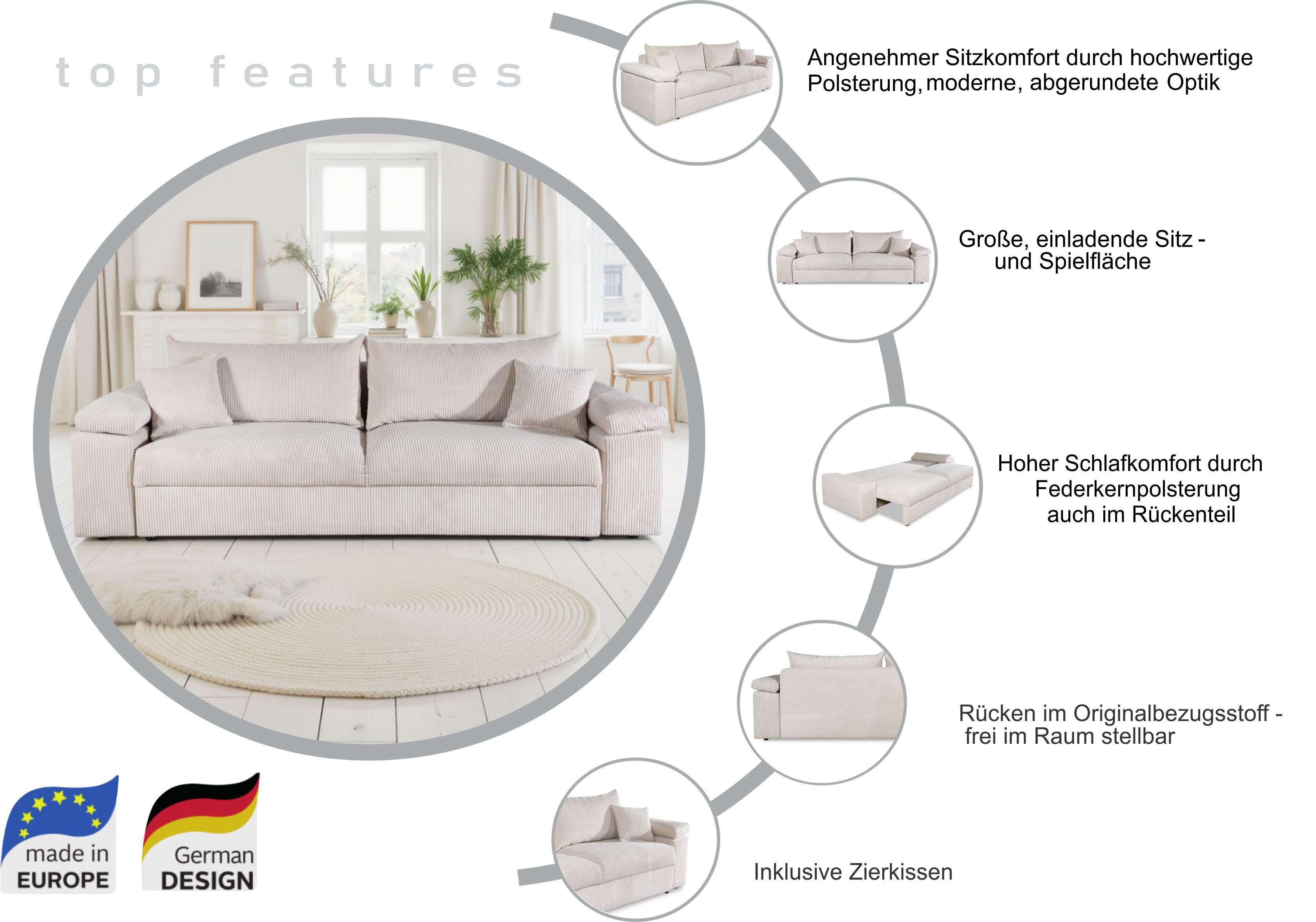 COLLECTION AB Schlafsofa Mara, B: 249 cm, Liegefl. 139x195 cm, Dauer-Schlaffunktion, Bettkasten & Federkern, wahlweise mit Topper