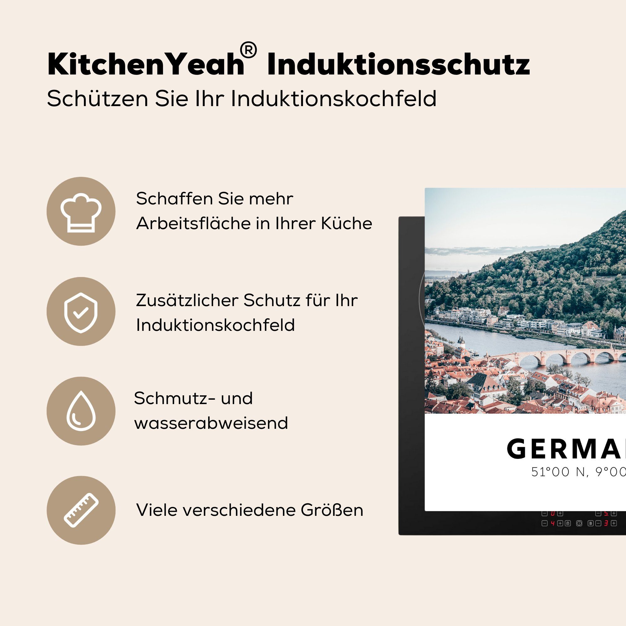 Arbeitsplatte Deutschland für - Herdblende-/Abdeckplatte - tlg), MuchoWow Vinyl, Heidelberg cm, 78x78 küche Sommer, Ceranfeldabdeckung, (1