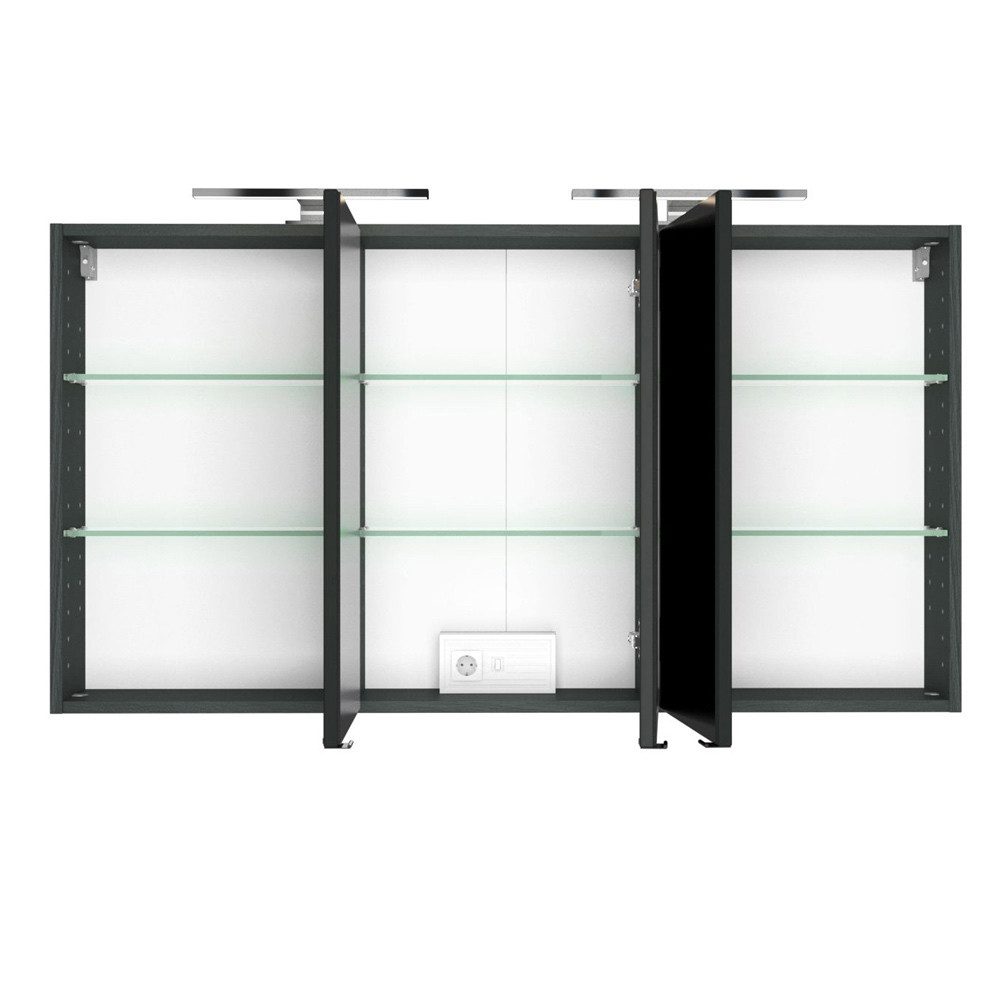 Lomadox Badmöbel-Set FLORIDO-03, (Spar-Set, 4-St), Spiegelschrank Eiche Rauchsilber 2 Hochschränken 230x200x47 cm