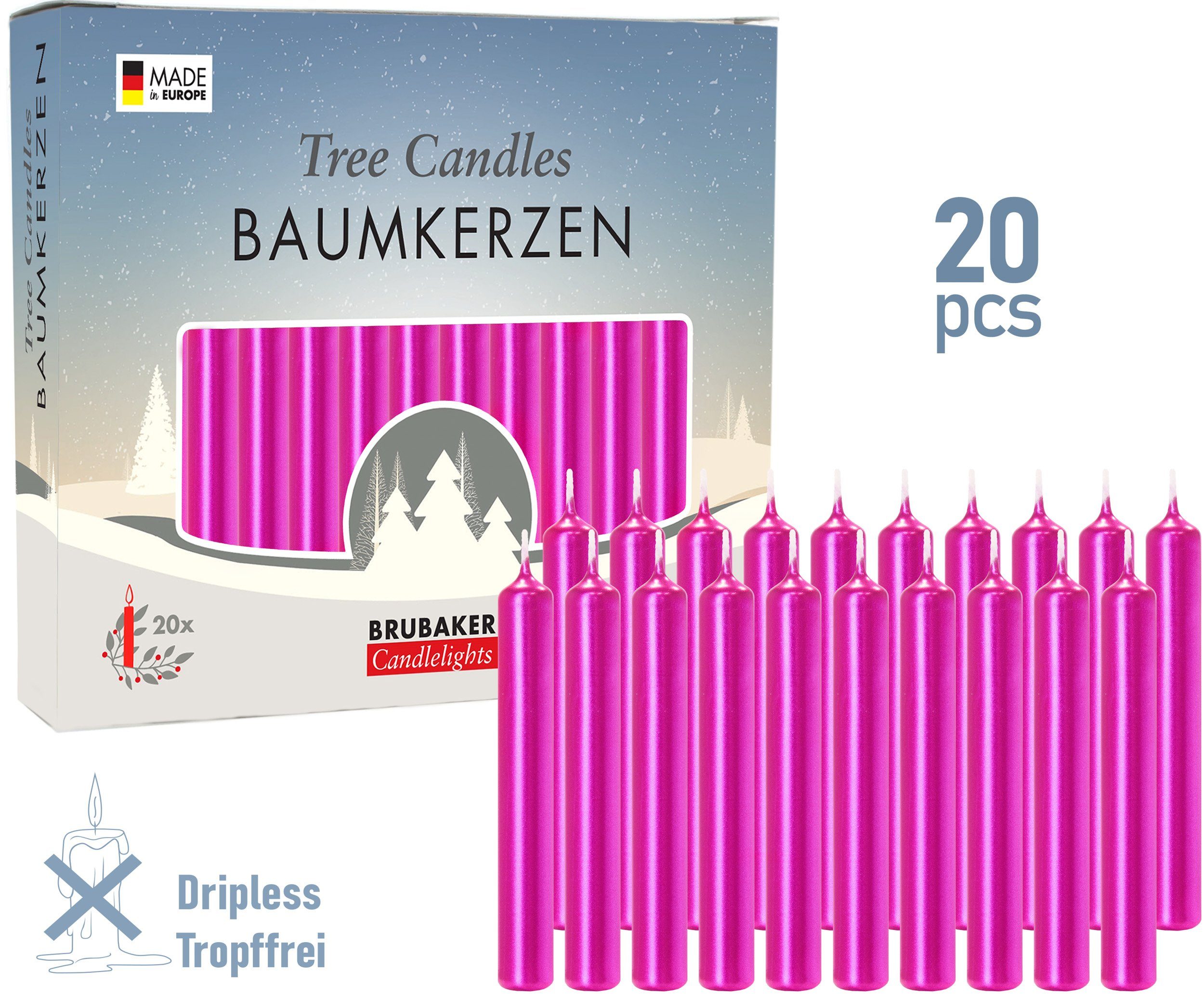 BRUBAKER Tafelkerze Baumkerzen aus Wachs (1 Packung Christbaumkerzen, 20-tlg., Wachskerzen für Weihnachtsdekoration, bunte Weihnachtskerzen), rauchfreie und geruchsneutrale Pyramidenkerzen