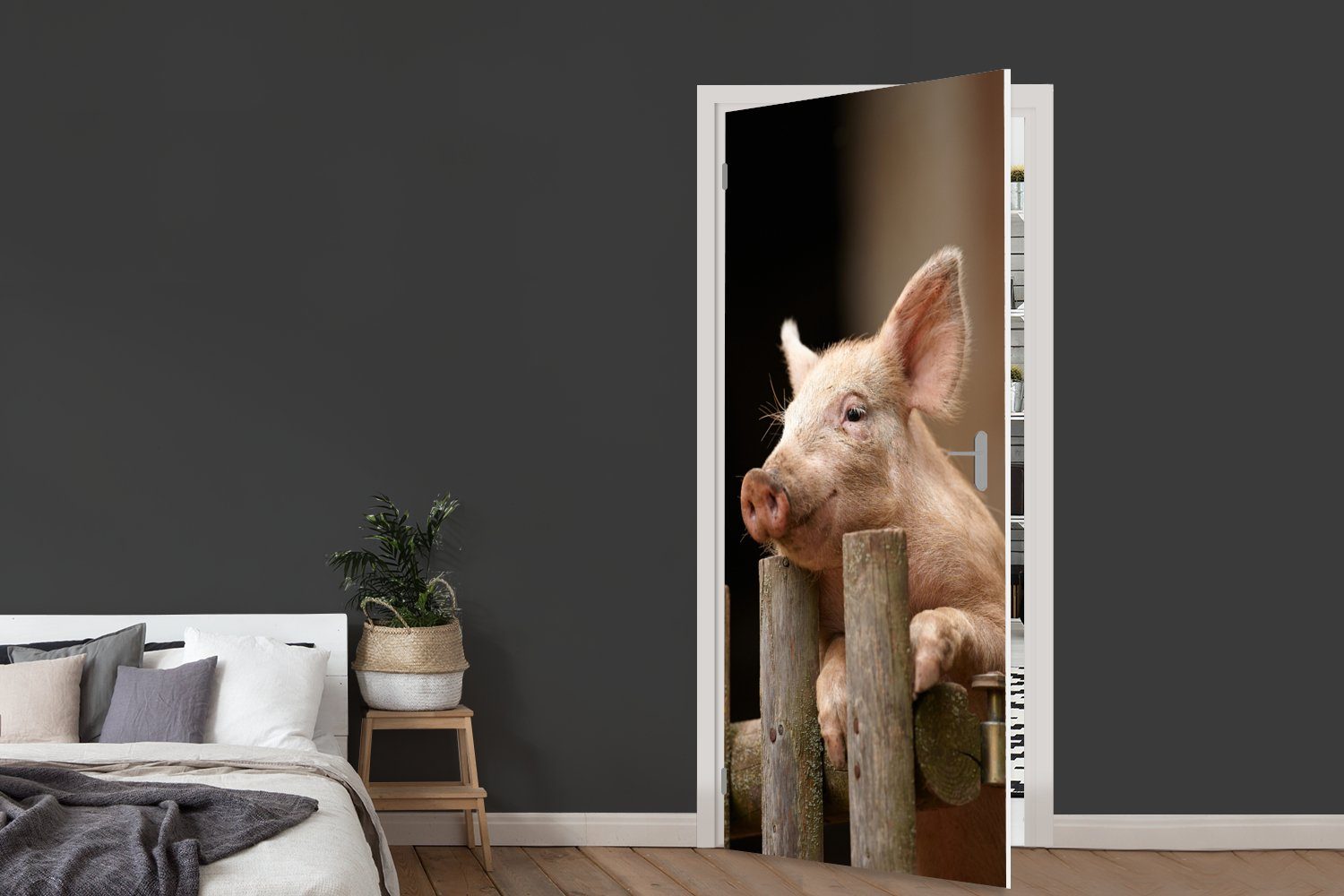 MuchoWow Türtapete Schwein - Türaufkleber, Tier - cm Zaun, für bedruckt, Tür, (1 St), Fototapete Matt, 75x205