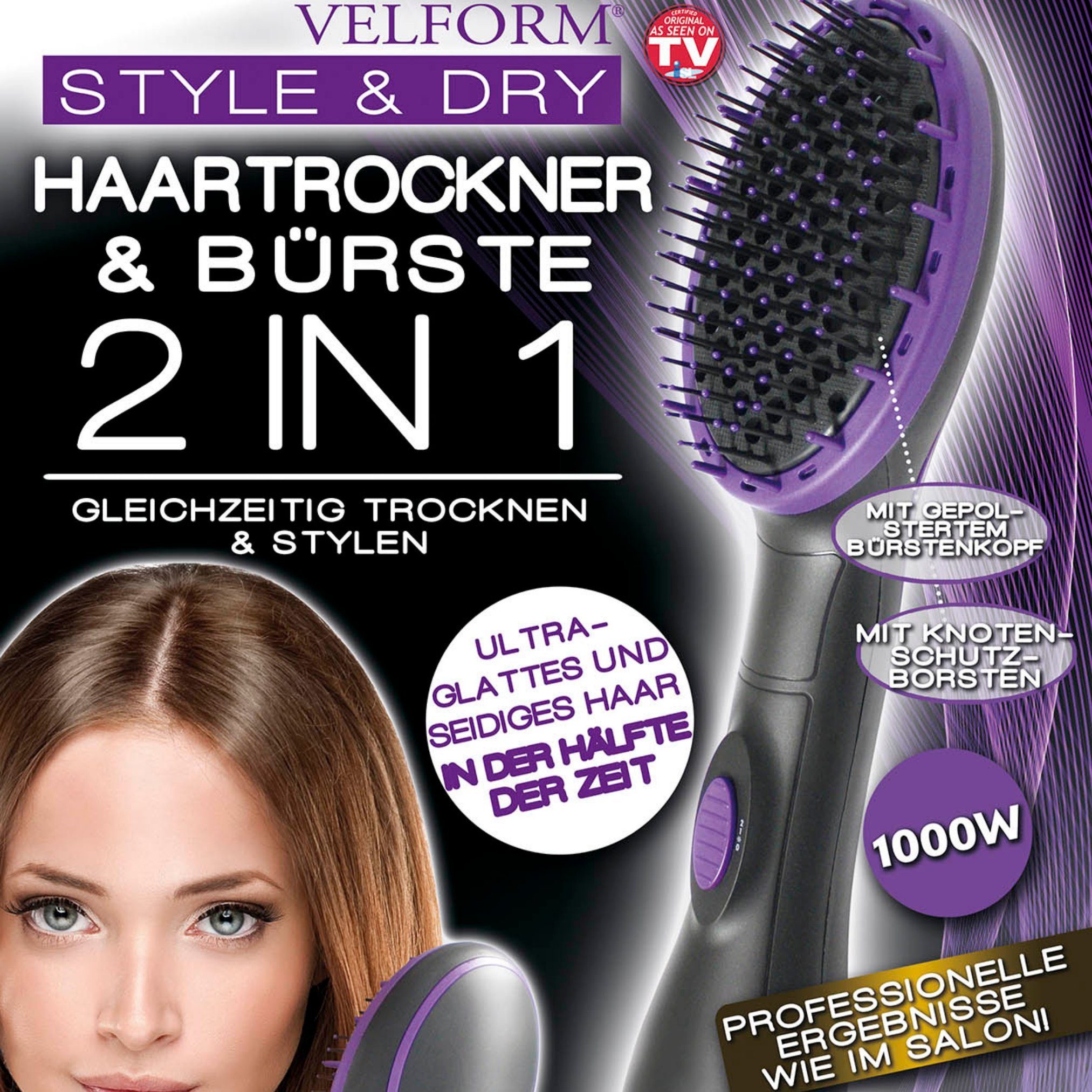 Velform®️ 1000 Style und Haartrockner & 2 Warmluftbürste Bürste Dry, Watt 1 in in einem, Velform®