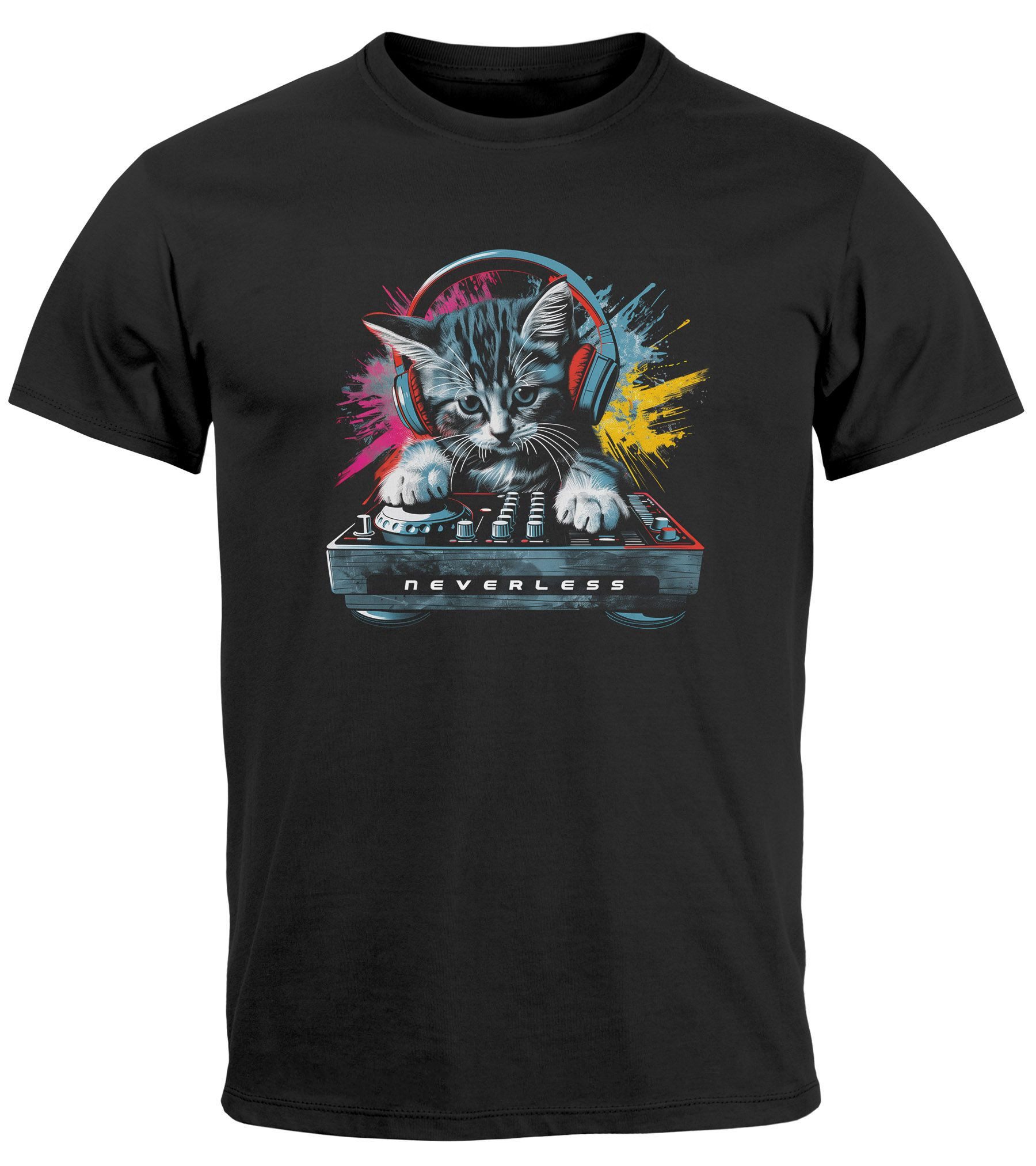 Neverless Print-Shirt Herren T-Shirt Techno DJ Katze Electronic Music Rave Festival mit Print