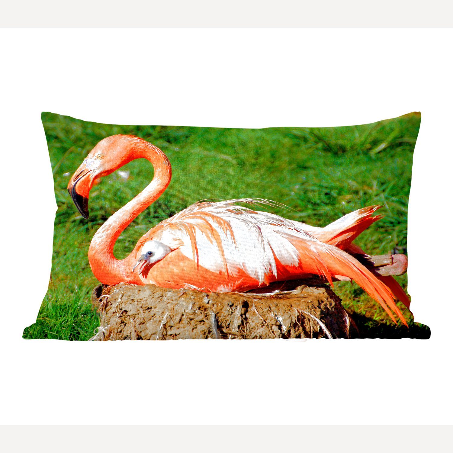 MuchoWow Dekokissen Flamingo beschützt ihr Küken unter ihren Flügeln, Wohzimmer Dekoration, Zierkissen, Dekokissen mit Füllung, Schlafzimmer