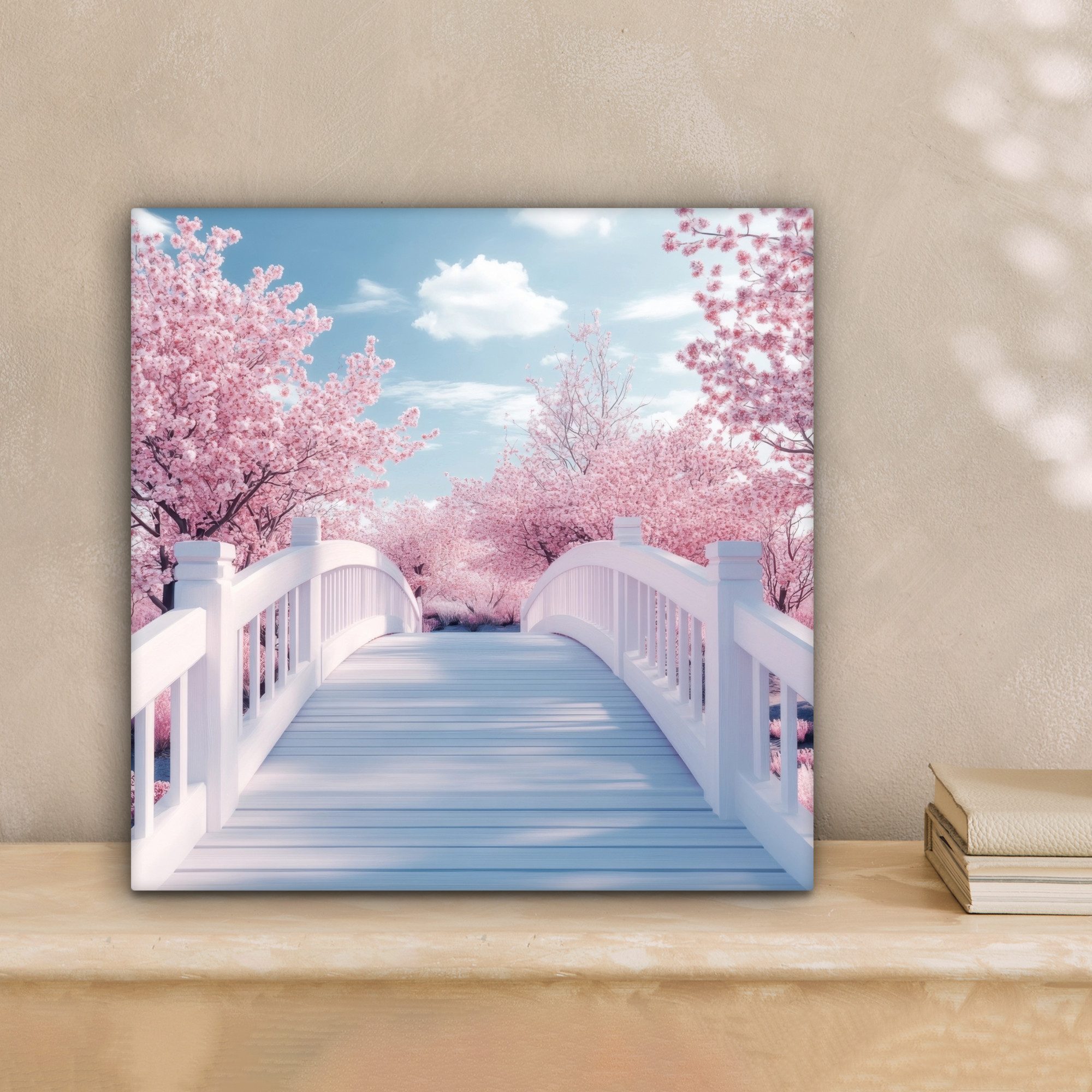 OneMillionCanvasses® Leinwandbild Brücke - Kirschbäume - Weiß, Fotodruck (1 günstig online kaufen